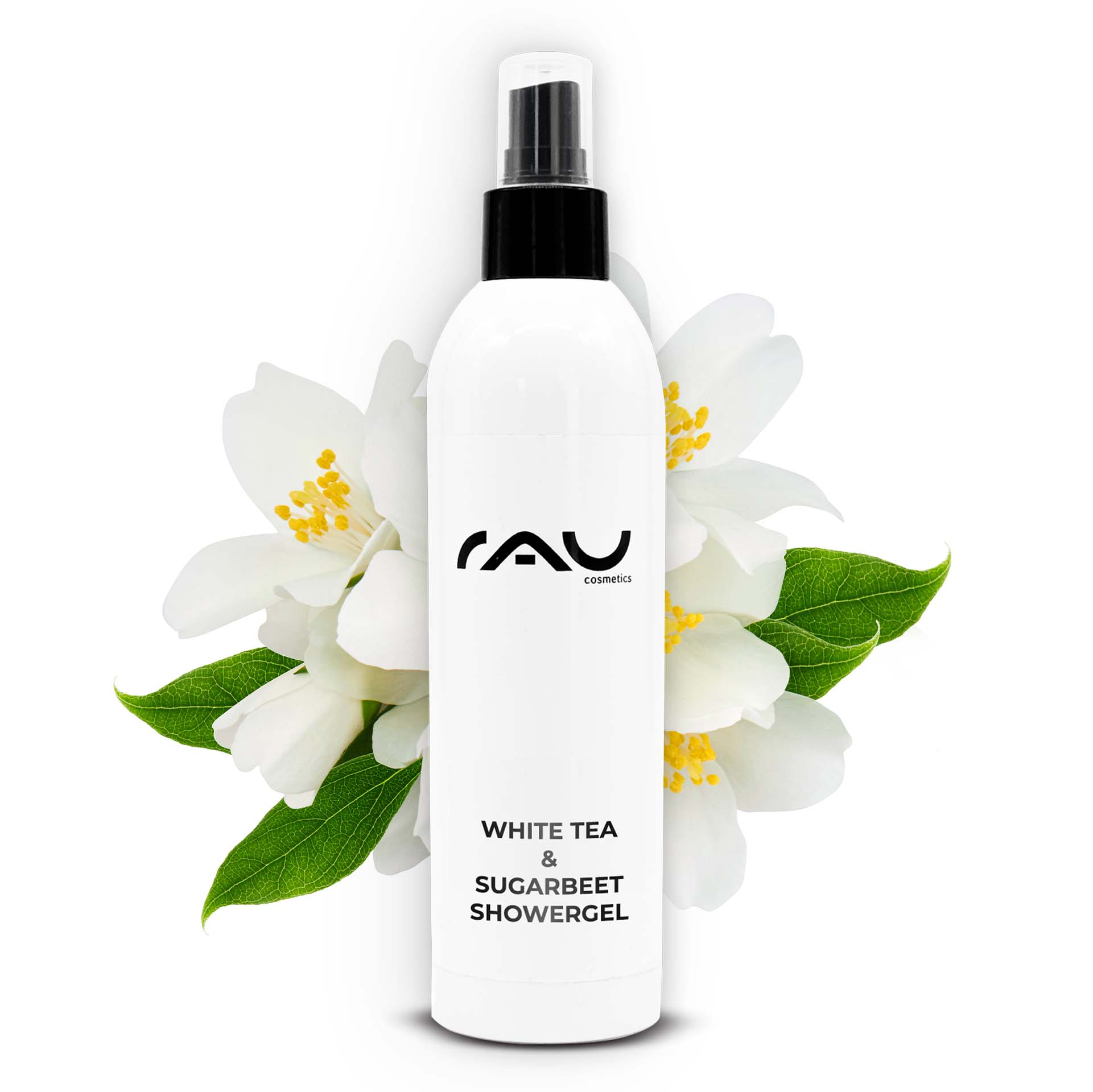 White Tea & Sugar Beet Shower Gel 500 ml shower gel Duschgelflasche mit weißem Tee und Zuckerrüben und floralem Hintergrund, die eine sanfte Reinigung und Feuchtigkeitsversorgung für alle Hauttypen fördert, von RAU Cosmetics.