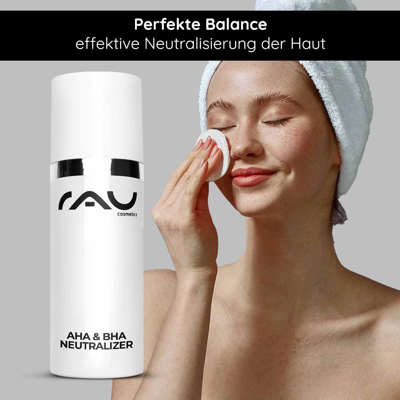 Neutralizador AHA & BHA de RAU Cosmetics, mujer aplicando producto de cuidado de la piel en el rostro, promueve una neutralización efectiva de la piel y la restauración del equilibrio del pH.