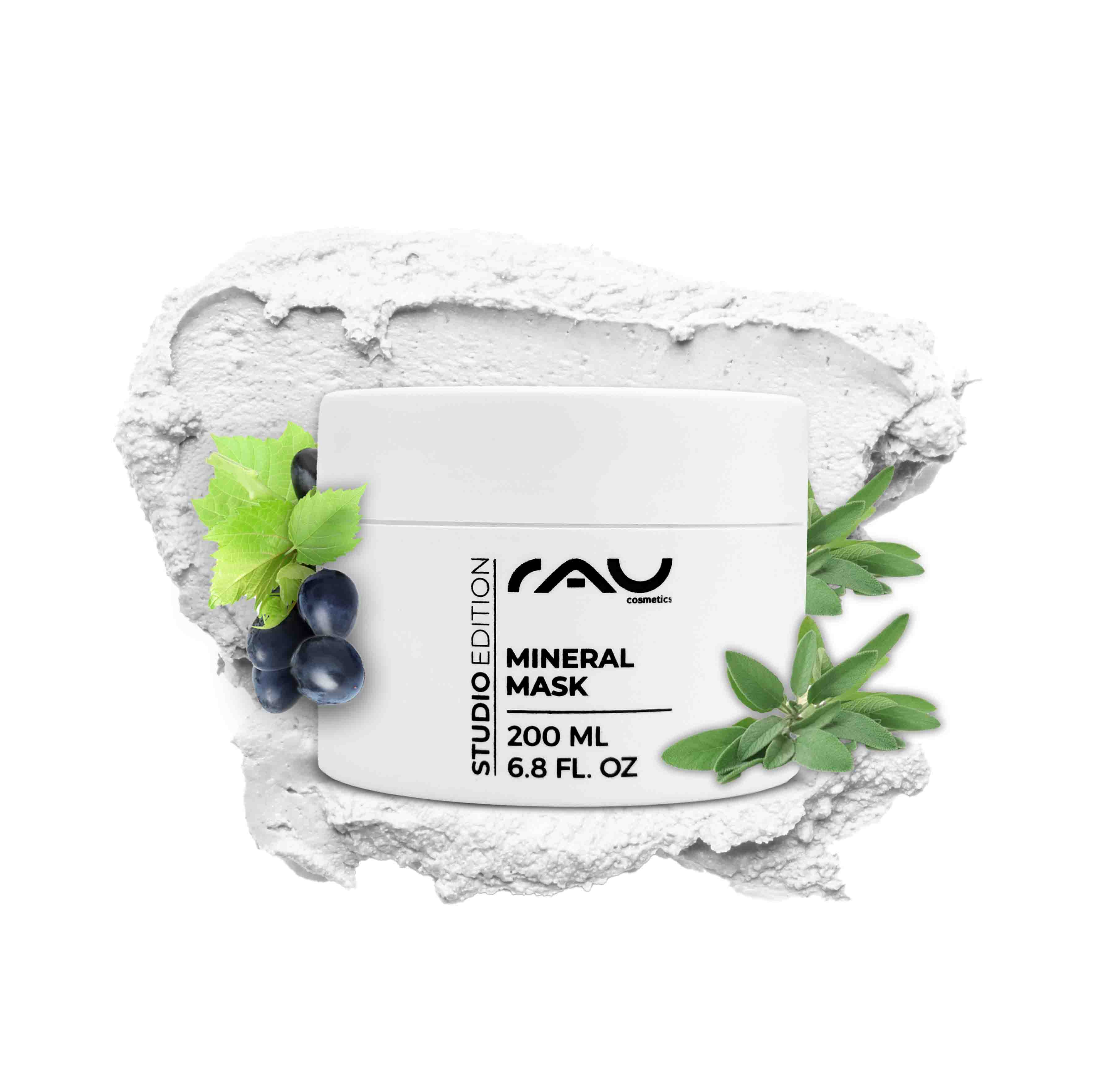 Mascarilla Mineral 200 ml Mascarilla Facial Matificante Mineralmaske von RAU Cosmetics in einem weißen Behälter mit grünen Blättern und dunklen Beeren, mit cremiger Textur im Hintergrund, die die Vorteile der Hautpflege für zu Akne neigende und empfindliche Haut hervorhebt.