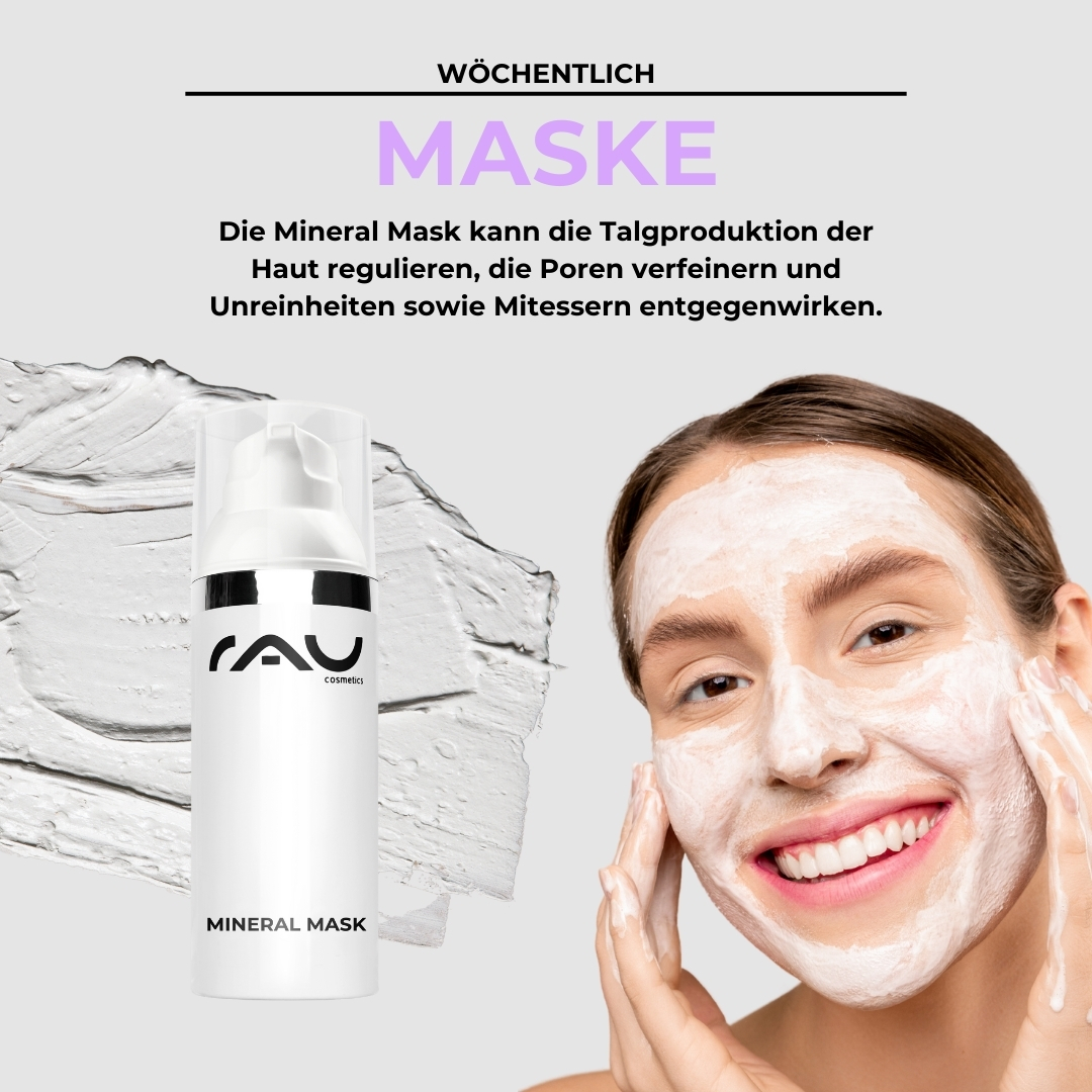 Professional care routine for impure dry skin Mineralmaske von RAU Cosmetics auf dem Gesicht einer lächelnden Frau aufgetragen, zeigt Hautpflege zur Regulierung der Ölproduktion und Reduzierung von Unreinheiten.