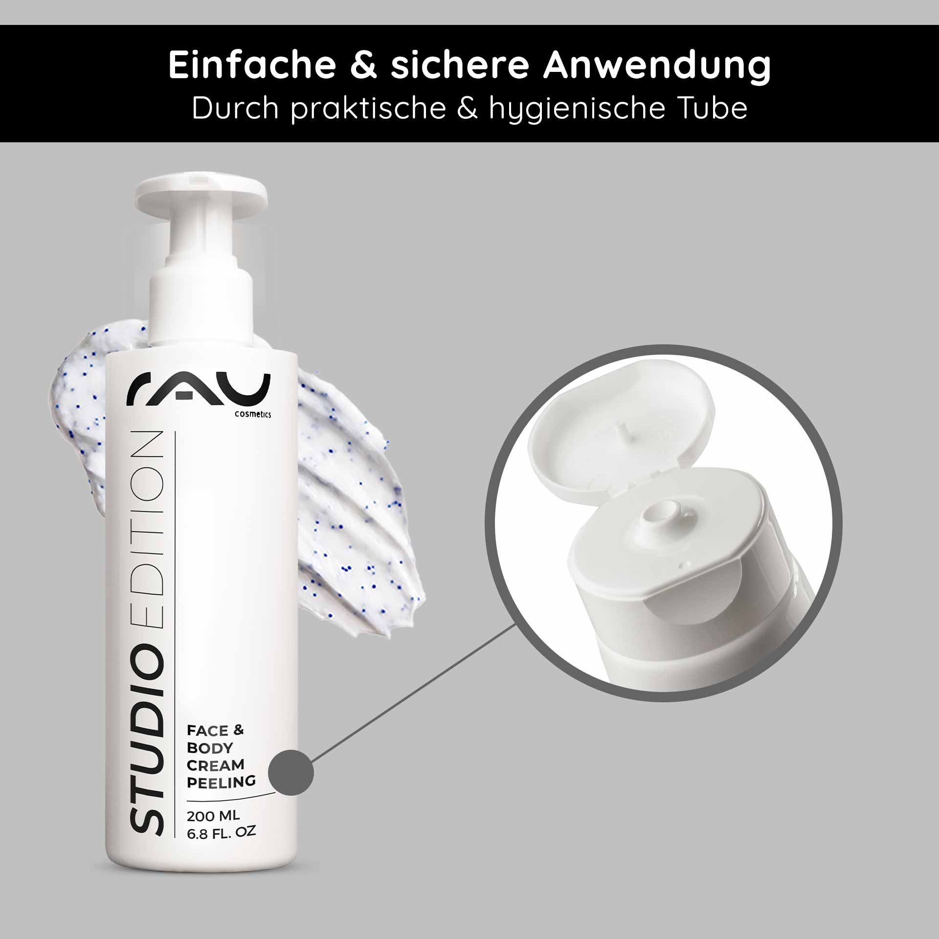 Face & Body Cream Peeling 200 ml Mechanical Peeling RAU Cosmetics Studio Edition Face & Body Cream Peeling 200 ml Kabinenware – mechanisches Gesichts- und Körperpeeling mit natürlichen Schleifpartikeln, Lecithin, Mandelöl, Allantoin und Panthenol