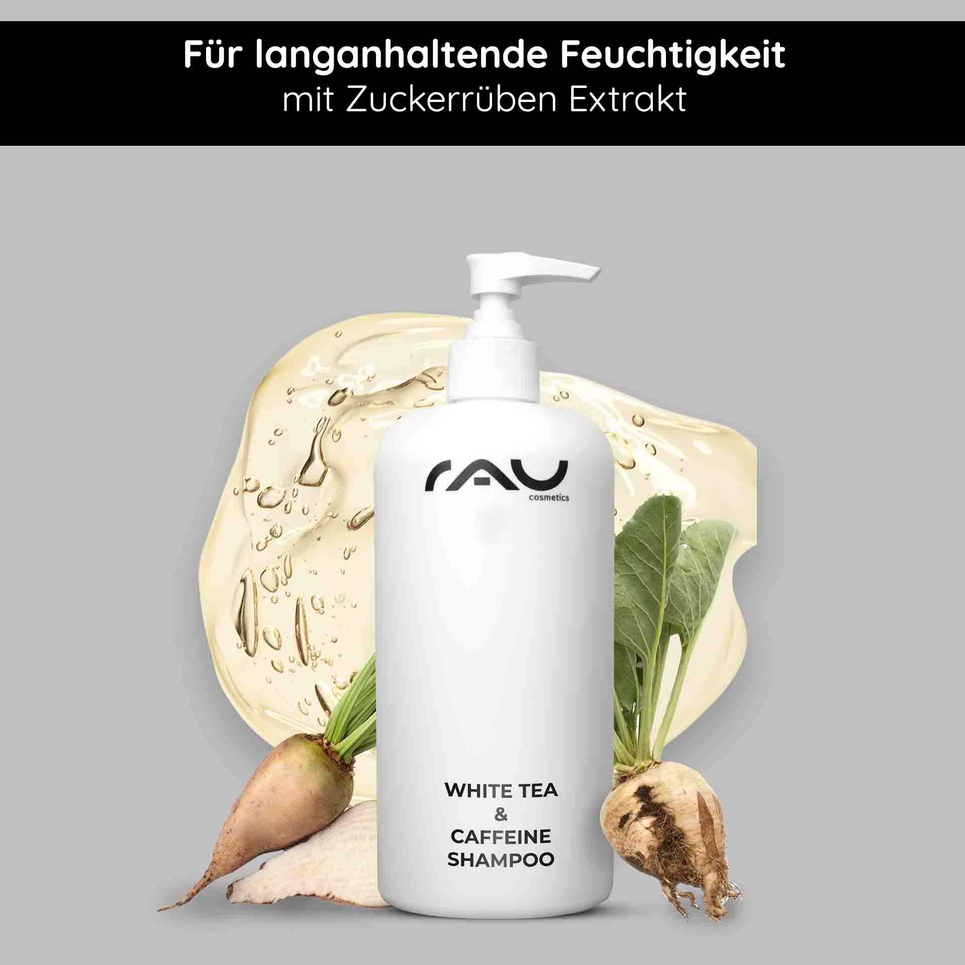 Gel de Ducha Té Blanco y Remolacha Azucarera 500 ml Gel de Ducha Flasche mit White Tea & Caffeine Shampoo mit Pumpe, umgeben von Zuckerrüben- und Weißteeblättern, fördert die Feuchtigkeitsversorgung und Kopfhautpflege, ganz im Sinne des Fokus von RAU Cosmetics auf wirksame Lösungen für die Haargesundheit.