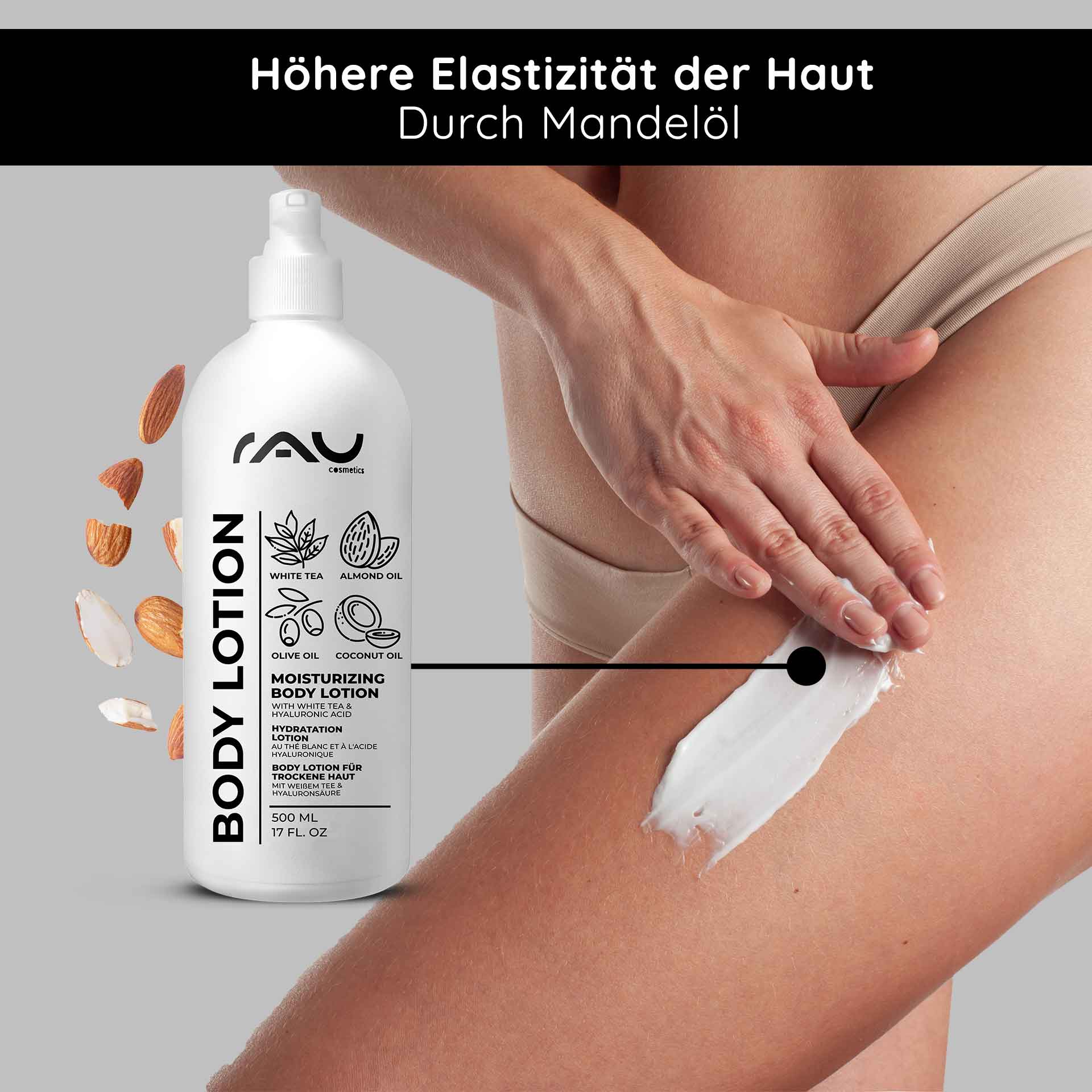 Body lotion for dry skin 500 ml with hyaluron, white tea, urea Flasche der RAU Cosmetics White Tea Body Lotion mit Feuchtigkeitscreme zum Auftragen auf die Haut, mit Inhaltsstoffen wie Mandelöl und Kokosöl, die die Hautelastizität und Feuchtigkeitsversorgung trockener Haut fördern.