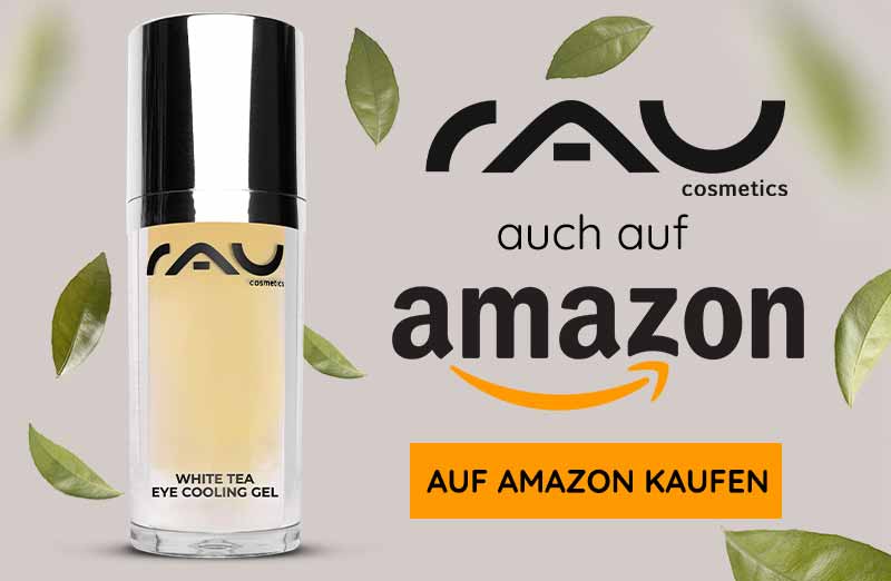 RAU Cosmetics White Tea Eye Cooling Gel in edler Verpackung mit grünen Blättern und Amazon-Logo für die Anti-Aging-Augenpflege.