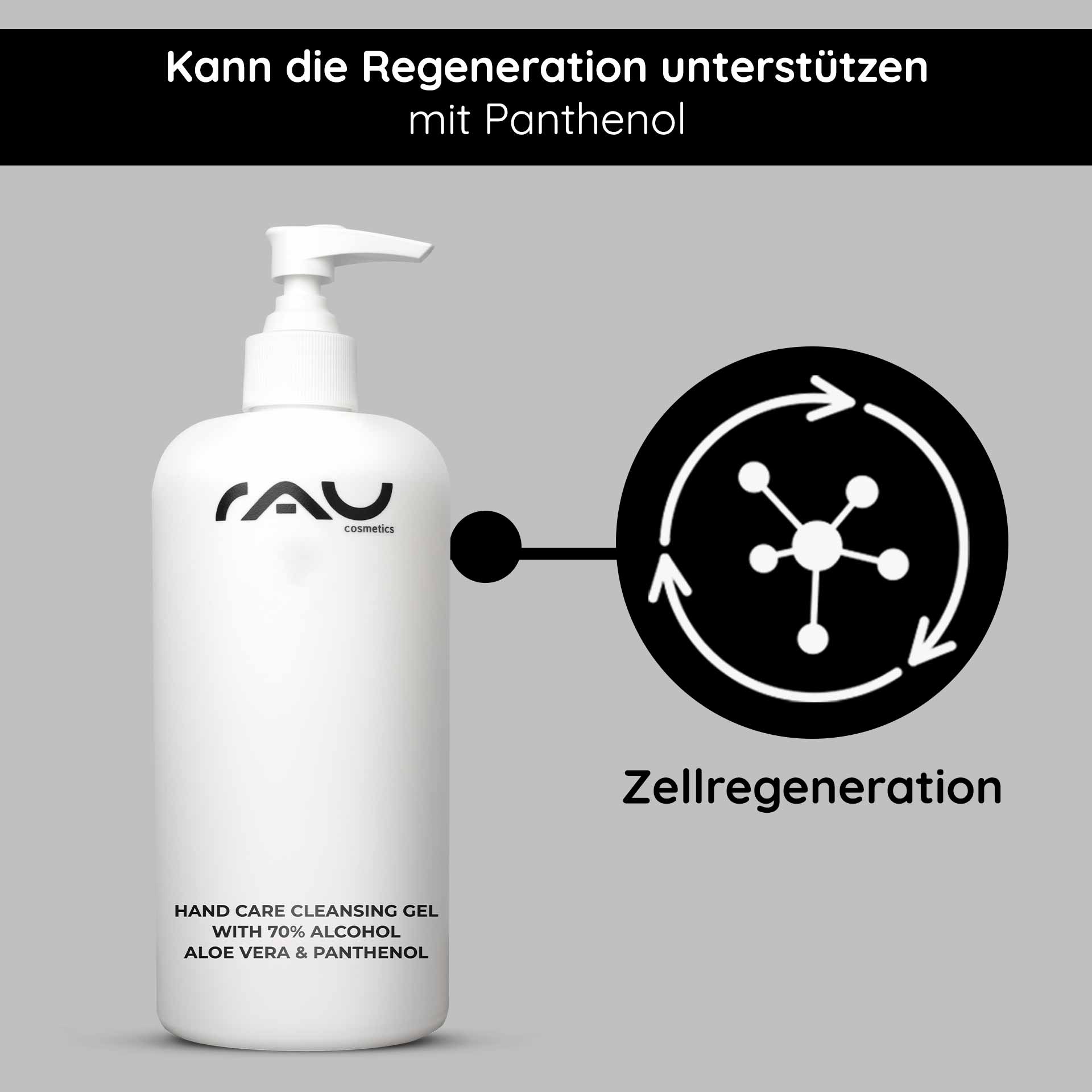 Gel Limpiador de Manos 500 ml Desinfección y Cuidado Flasche mit Pumpe des Hand Care Cleansing Gels von RAU Cosmetics mit 70 % Alkohol, Aloe Vera und Panthenol, das die Vorteile der Hautregeneration betont.