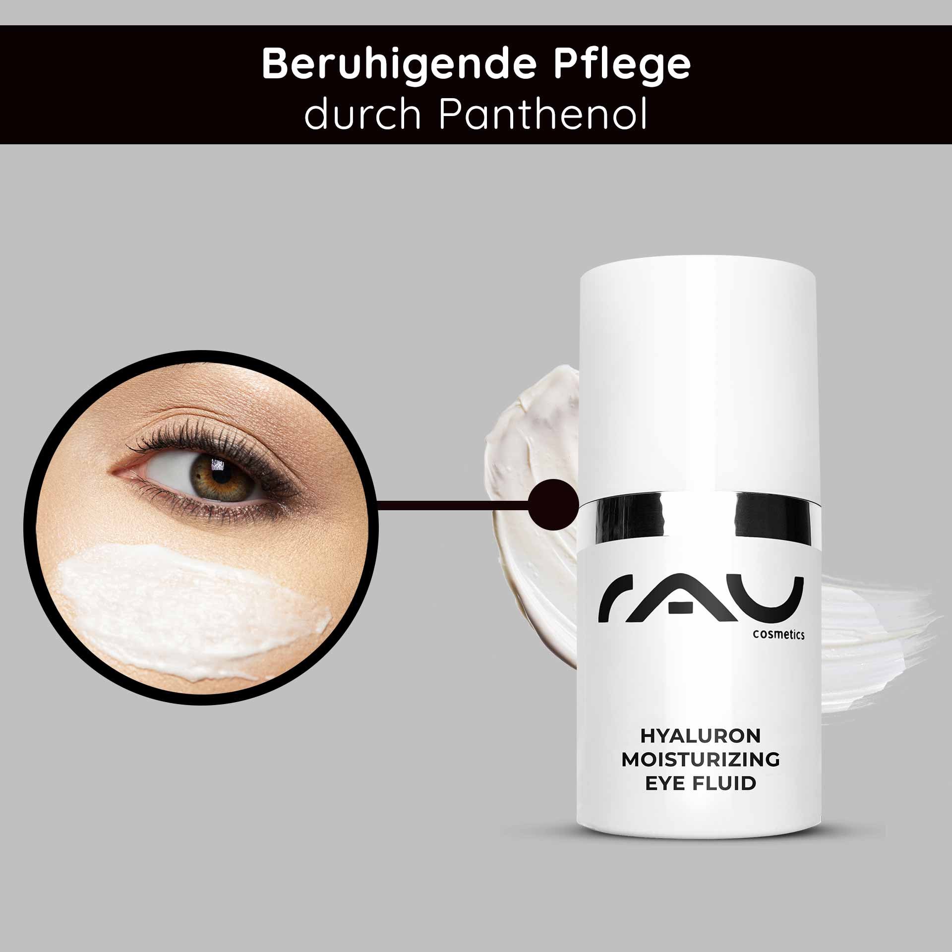 Beruhigendes RAU Hyaluron Moisturizing Eye Fluid mit Panthenol, Anwendung auf der Augenpartie zur Reduzierung von Trockenheitsfältchen und feinen Linien.