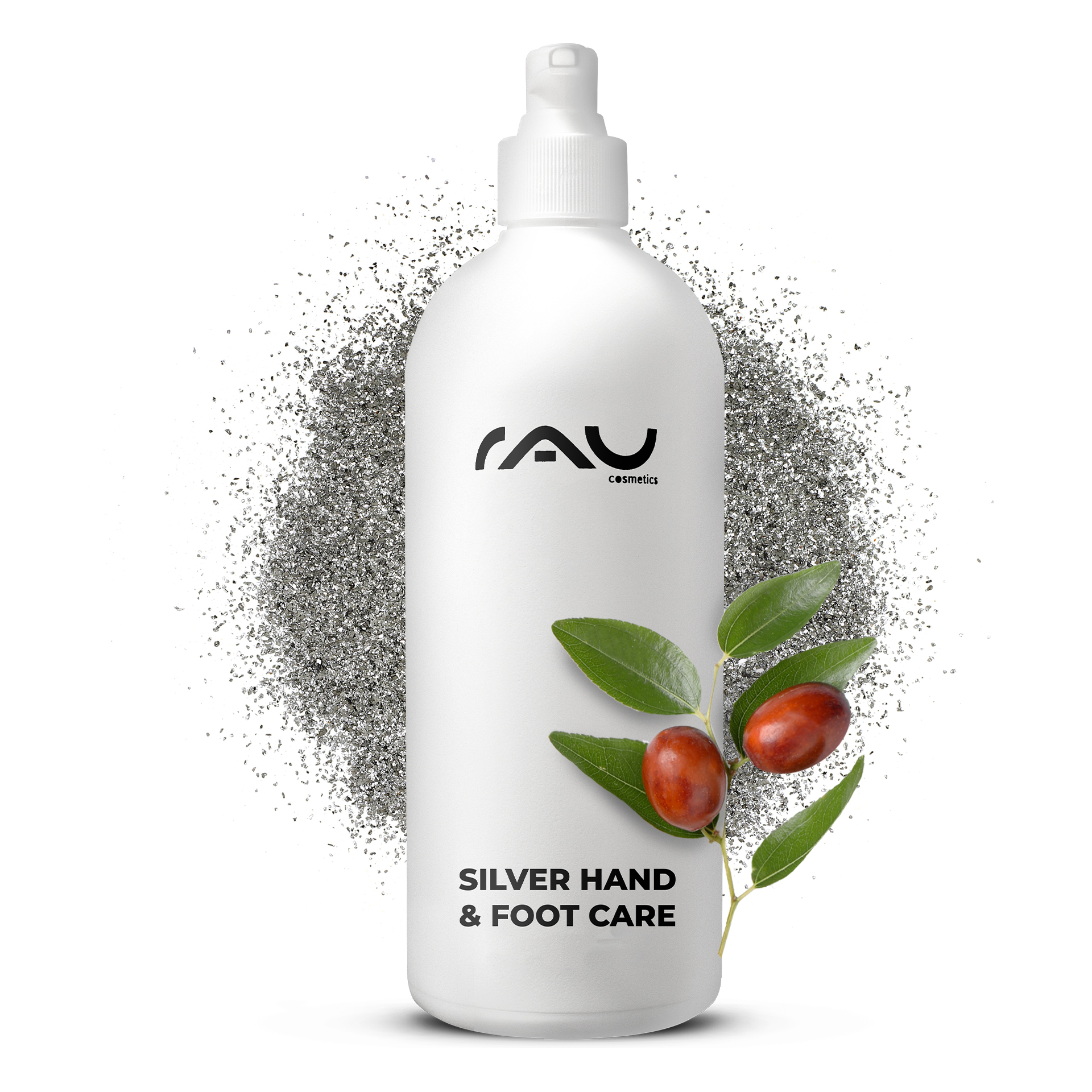 Silver Hand & Foot Care 500 ml para Crema de Manos y Pies Flasche der RAU Silver Hand & Foot Care mit Sprühkopf, umgeben von Silberpartikeln und Jojobablättern, betont die pflegenden Eigenschaften für Hände und Füße.