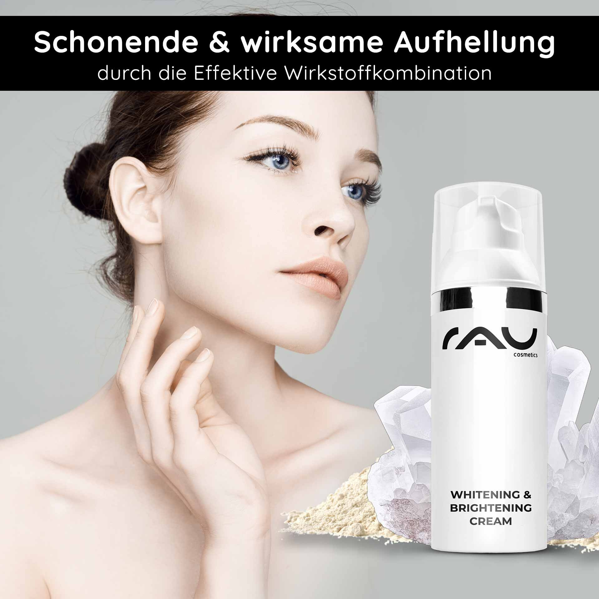 Mujer con piel suave tocándose el rostro, presenta la Whitening & Brightening Cream de RAU Cosmetics con niacinamida.