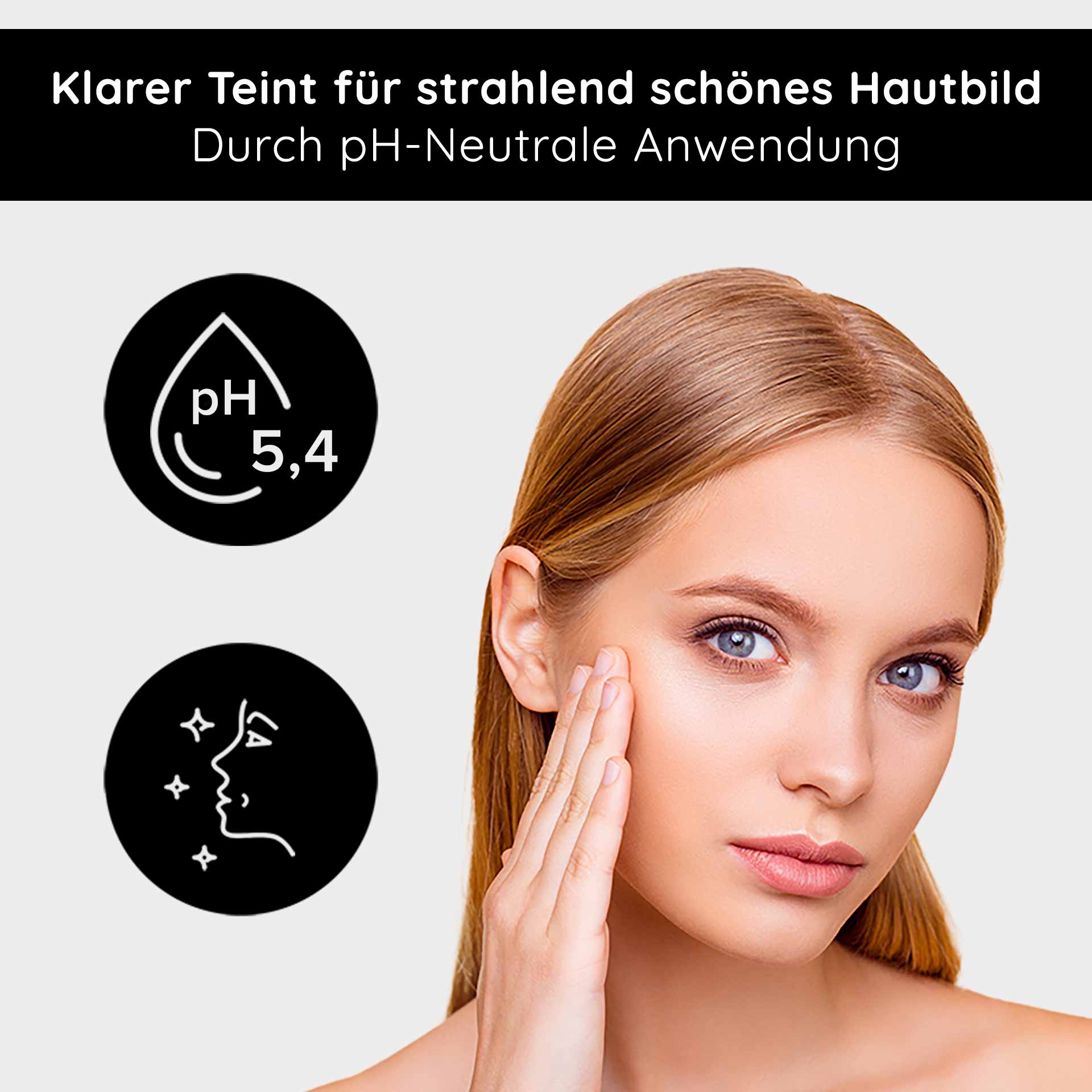 Beyond Herbal Tonic 1000 ml Facial Toner Nature Frau mit glattem Teint, die Gesichtspflege anwendet, mit Symbolen für pH-Wert 5,4 und strahlendes Hautbild, passend zu RAU Cosmetics Beyond Herbal Tonic für empfindliche Haut.