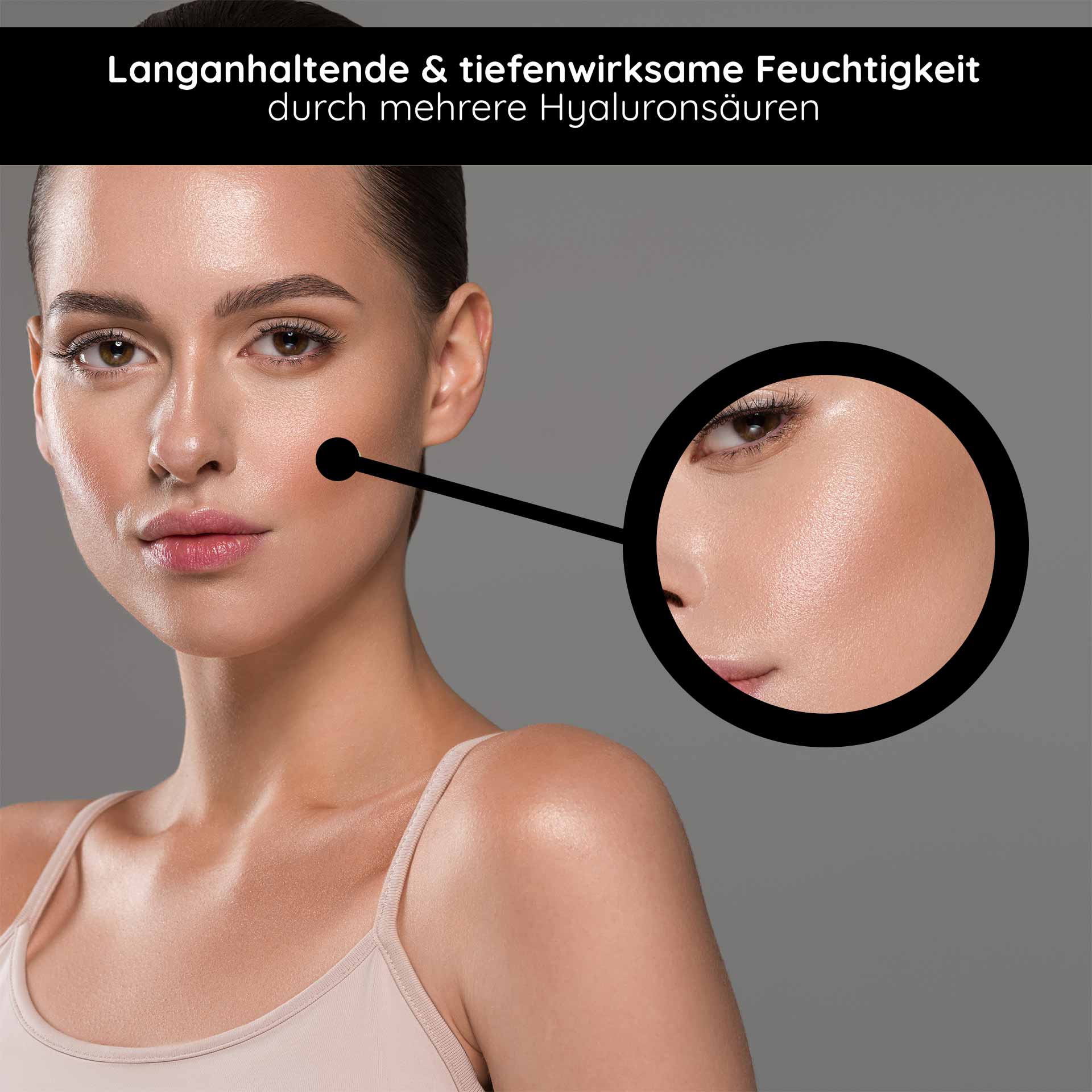 Hyaluron 24h Crema 50 ml Hyaluron Crema de Cuidado Frau mit strahlender Haut und betontem Wangenbereich, hervorgehoben durch Nahaufnahme, die die feuchtigkeitsspendenden Eigenschaften der Hyaluron 24h Creme von RAU Cosmetics zeigt.