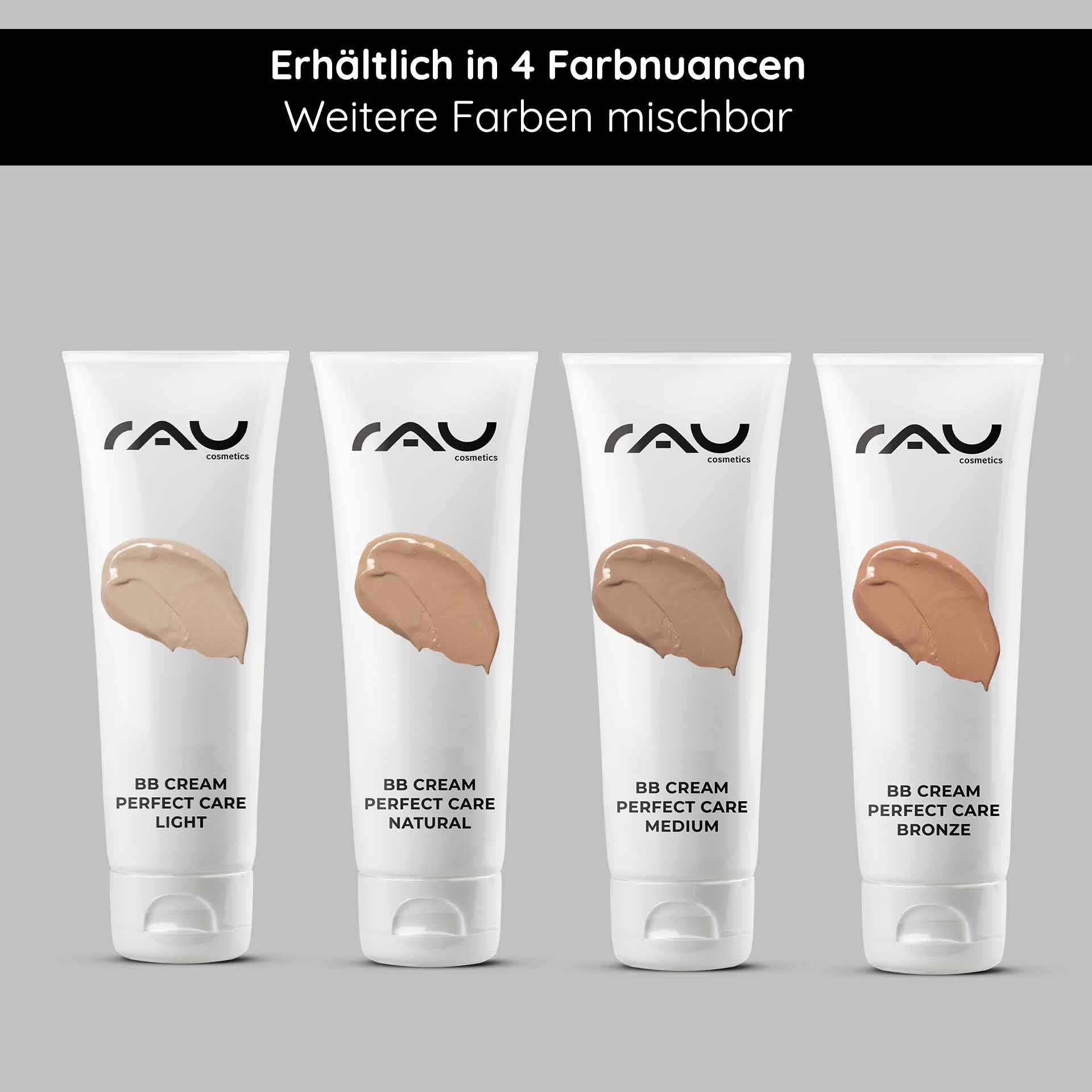 BB Cream Perfect Care Light 75 ml SPF12 Maquillaje y Cuidado BB Cream Perfect Care in den Farbtönen Light, Natural, Medium und Bronze in Tuben mit dem Markenzeichen von RAU Cosmetics, das die Vielseitigkeit für unterschiedliche Hauttöne unterstreicht.