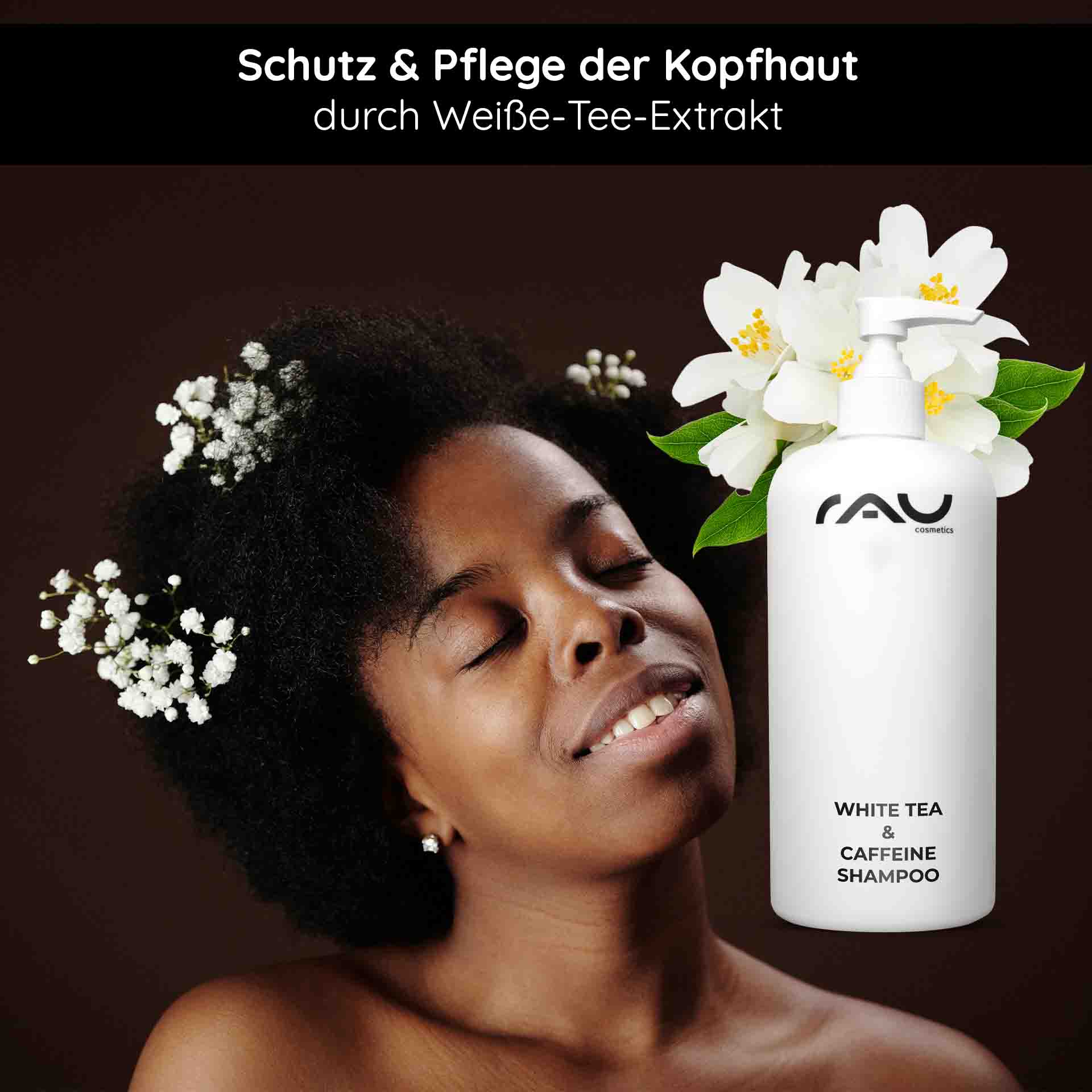Gel de Ducha Té Blanco y Remolacha Azucarera 500 ml Gel de Ducha RAU Cosmetics White Tea & Caffeine Shampoo – 500 ml Flasche mit Pumpverschluss, umgeben von weißen Blüten und grünen Blättern, die Frische und Pflege symbolisieren.