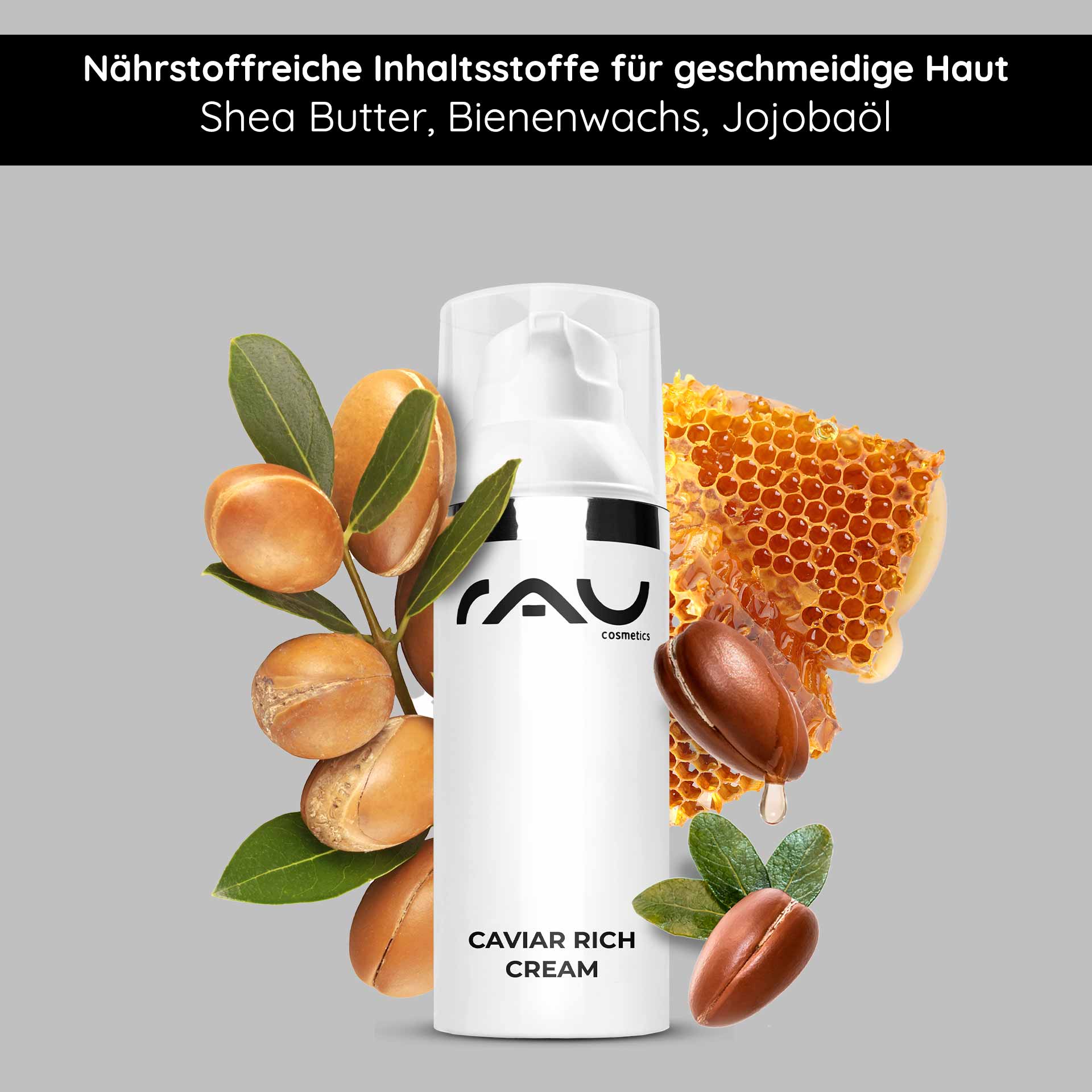 Crema rica de caviar 50 ml Crema rica antiedad Caviar Rich Cream von RAU Cosmetics mit pflegenden Inhaltsstoffen wie Sheabutter, Bienenwachs und Jojobaöl für glatte und hydratisierte Haut.