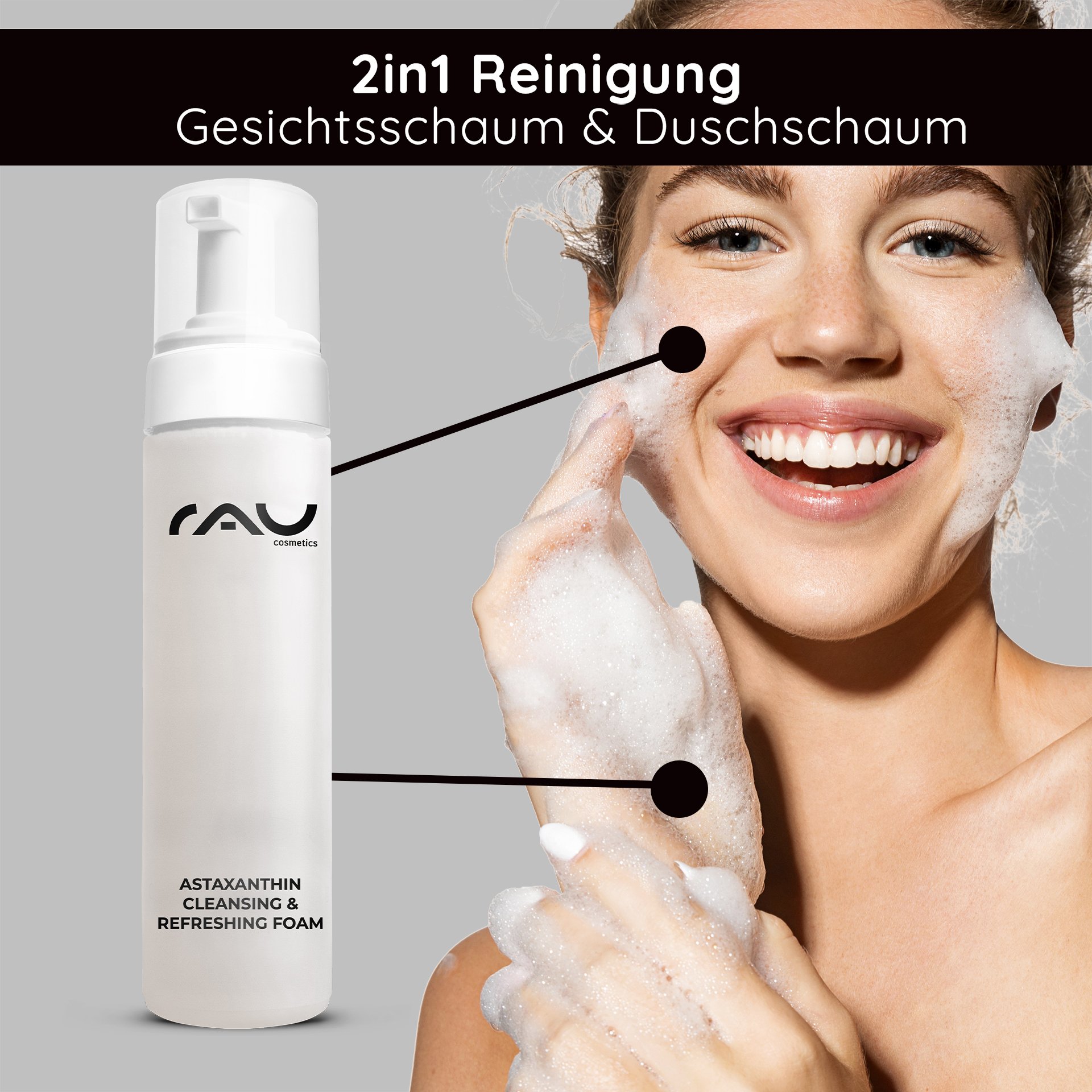 Aplicación de la RAU Astaxanthin Cleansing Foam sobre el rostro con espuma cremosa
