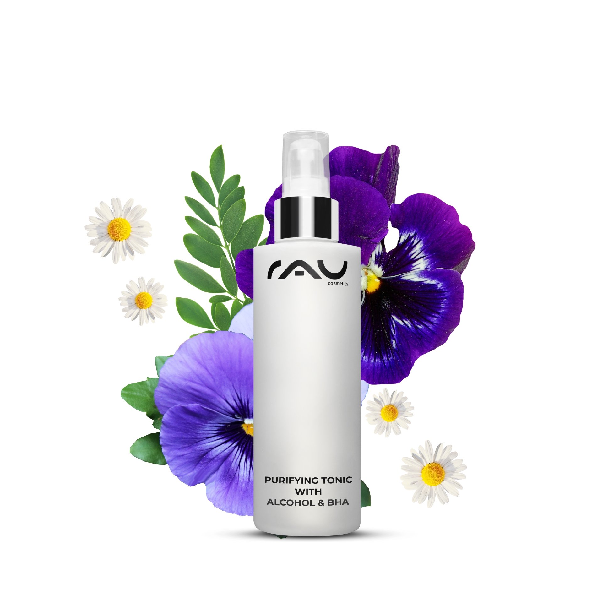 Frasco de Purifying Tonic con alcohol y BHA 200 ml junto a una planta en flor.