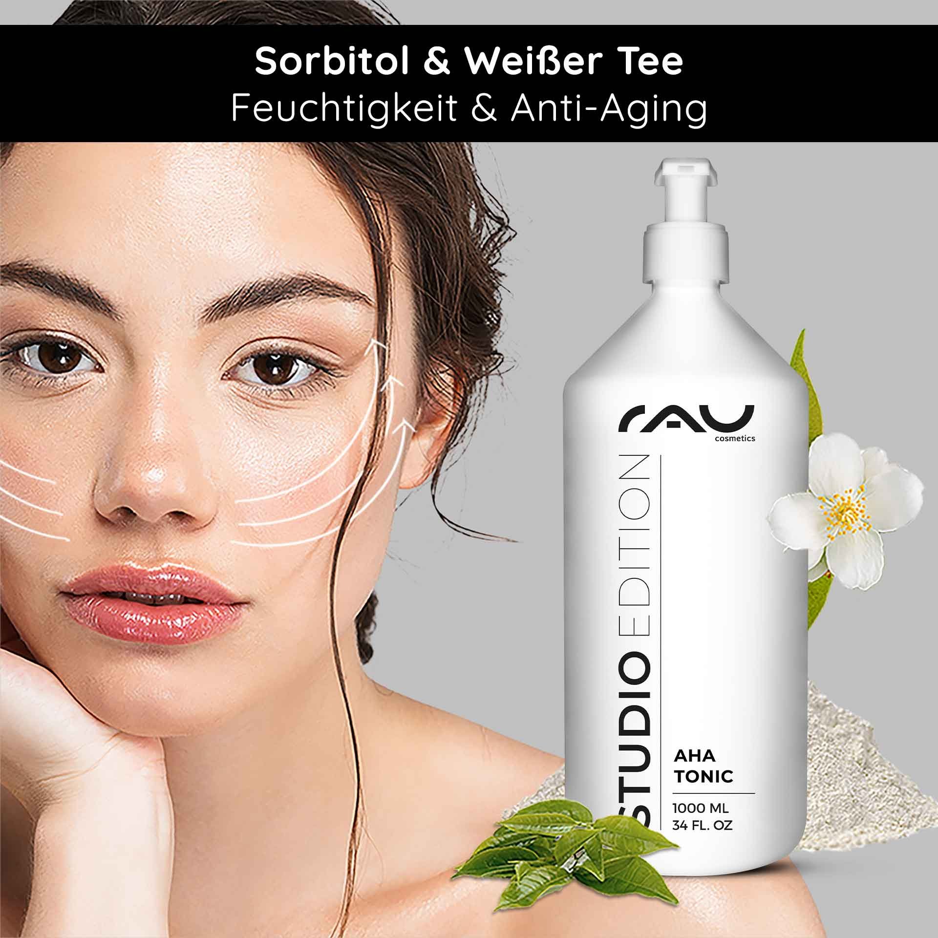 AHA Tonic 1000-ml-Flasche von RAU Cosmetics mit floralen Akzenten, mit einem Modell, das die Vorteile der Hautpflege demonstriert und Feuchtigkeit und Anti-Aging-Eigenschaften hervorhebt.