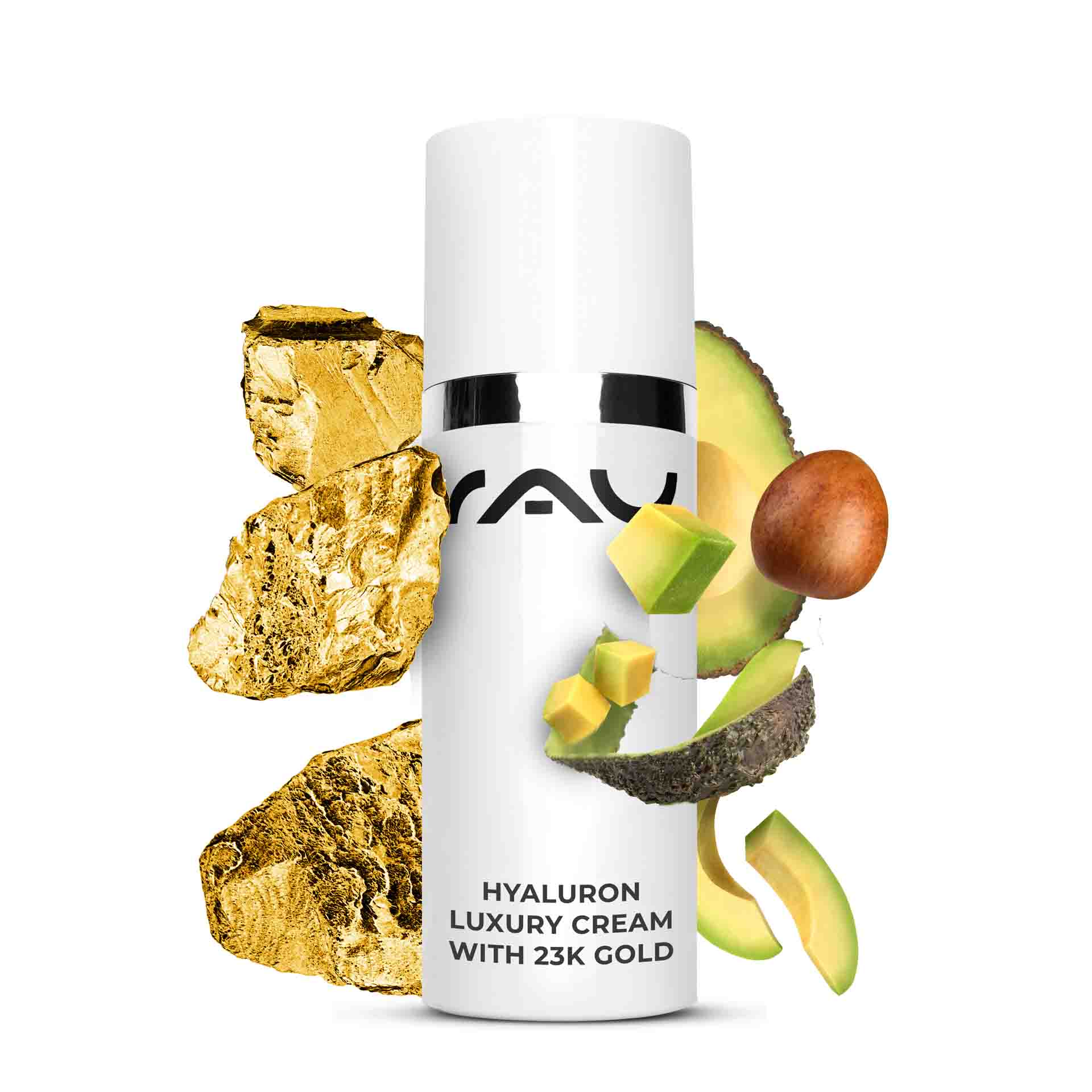 Hyaluron Crema de Lujo con Oro 23k 50 ml Crema Antiedad Hyaluron-Luxuscreme mit 23 Karat Gold, mit Goldpartikeln und Avocado, fördert die Feuchtigkeitsversorgung und hat Anti-Aging-Vorteile, ideal für trockene Haut, von RAU Cosmetics.