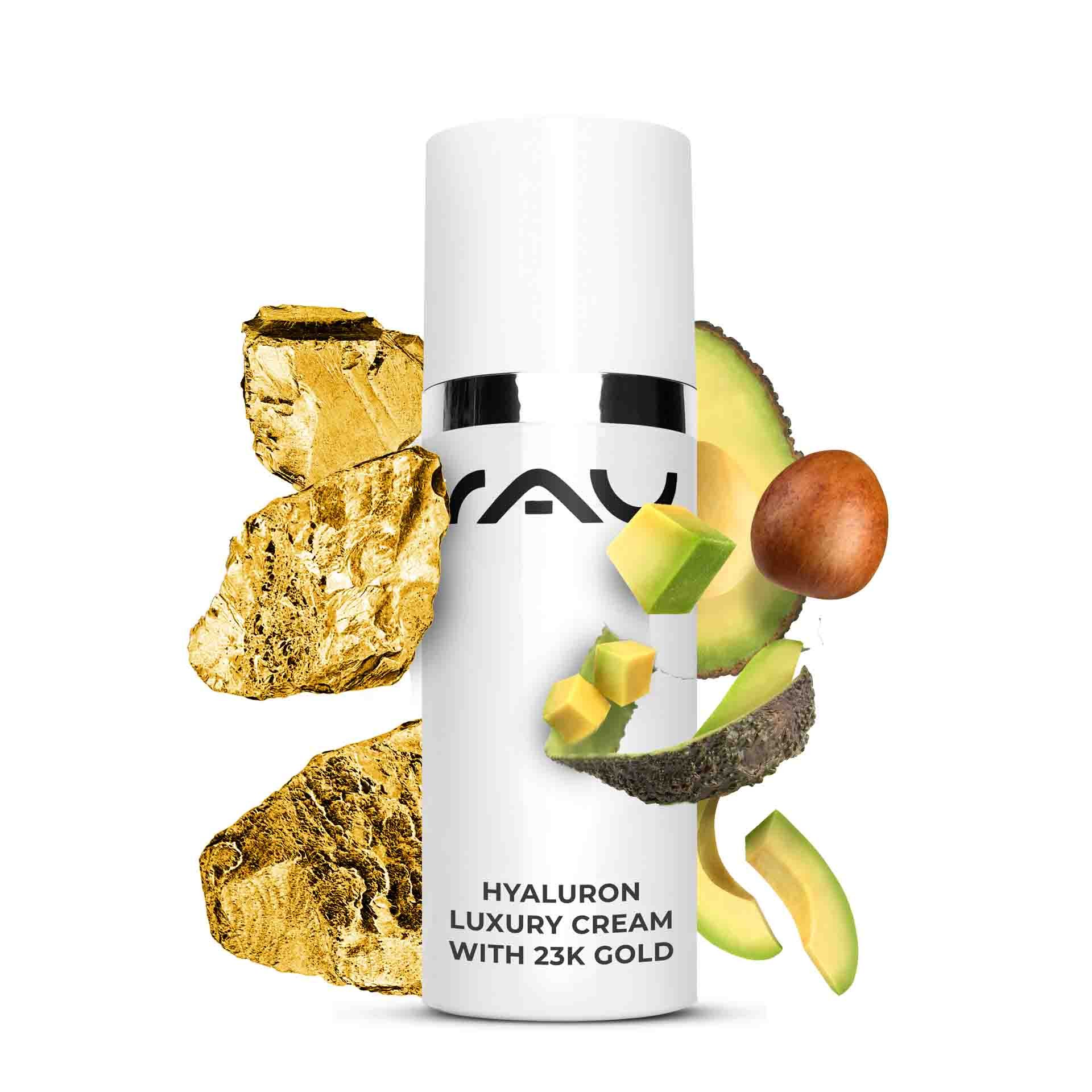 RAU Hyaluron Luxury Cream 50ml Tiegel mit goldenem Deckel auf weißem Hintergrund