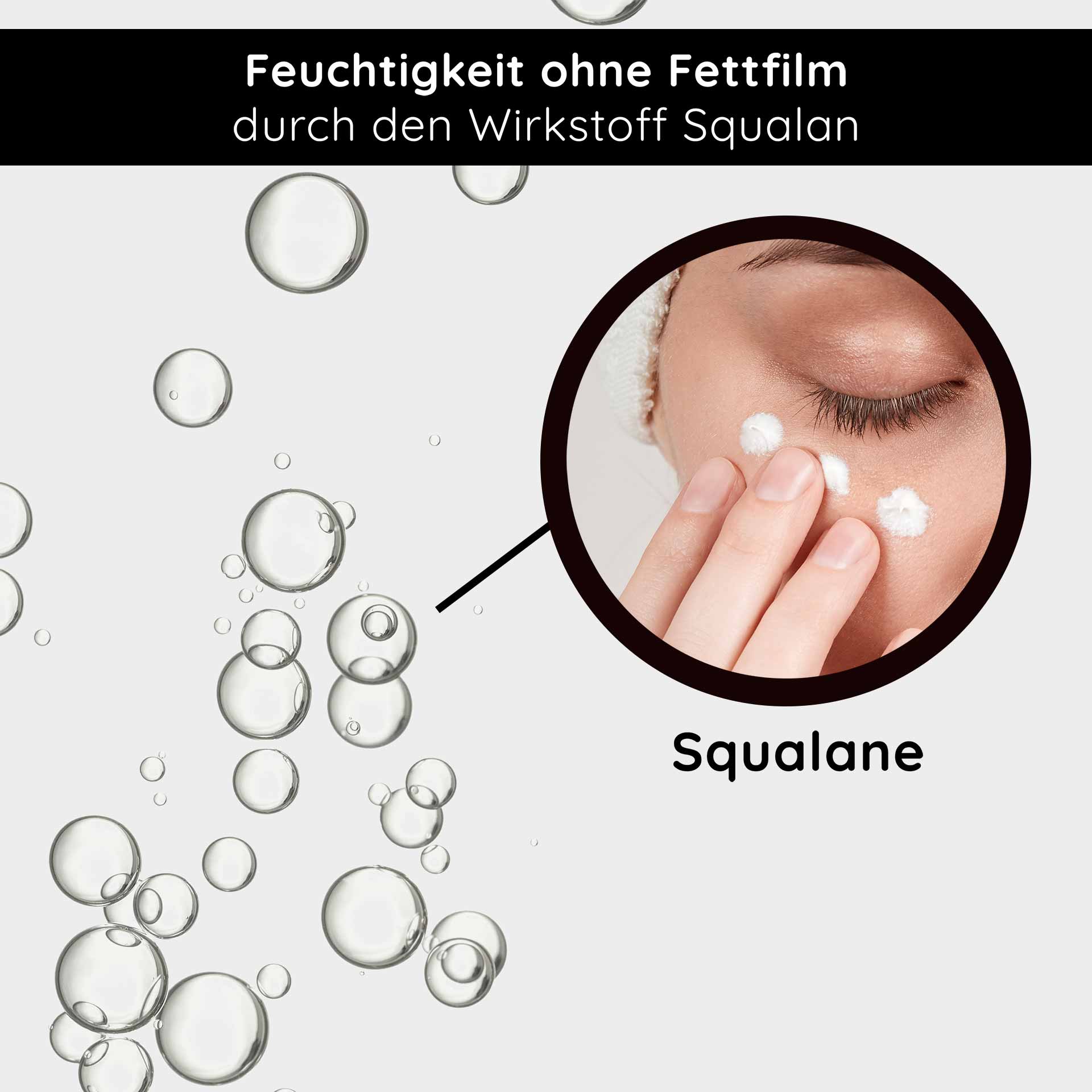 Crema de Células Madre 50 ml Crema Antiedad de Células Madre para Pieles Secas y Maduras Feuchtigkeit ohne Fettfilm durch Squalan, Person trägt Creme auf Gesicht auf, Blasen im Hintergrund, betont feuchtigkeitsspendende Eigenschaften.