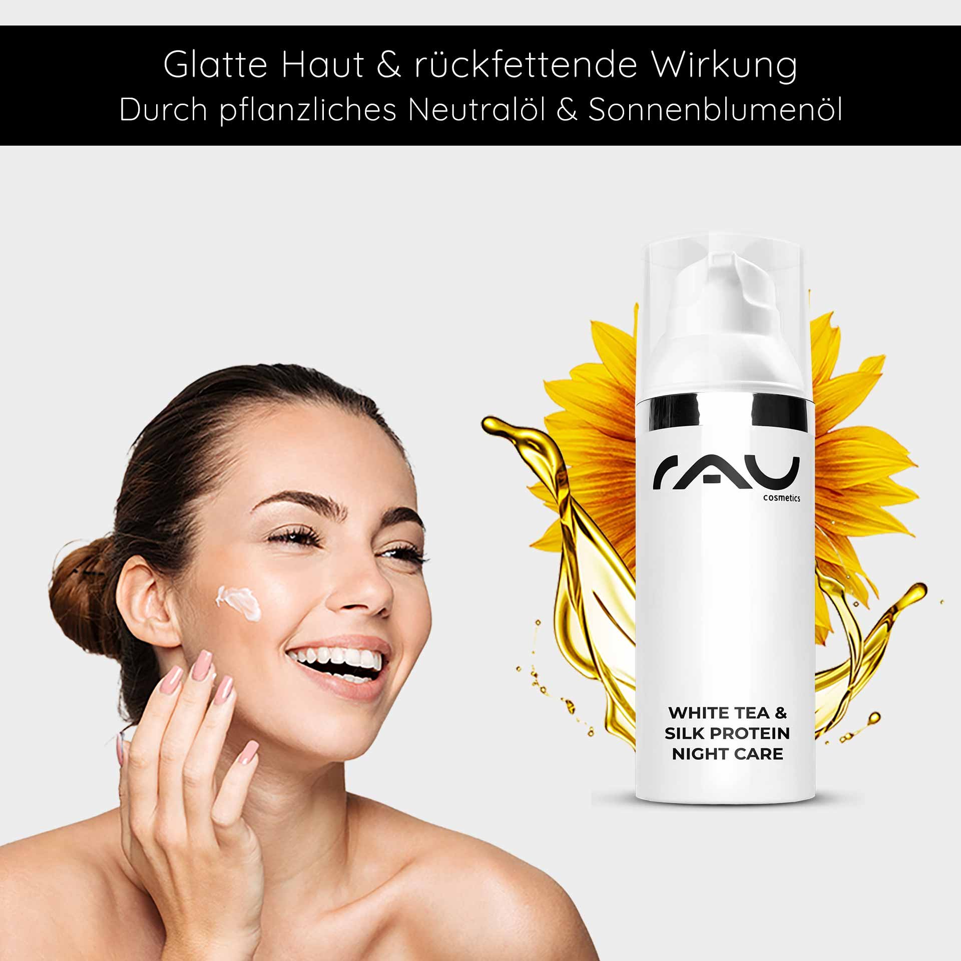 Woman with a radiant smile and face cream on her cheek, presenting RAU Cosmetics White Tea & Silk Protein Night Care with sunflower oil and neutral plant oil.
