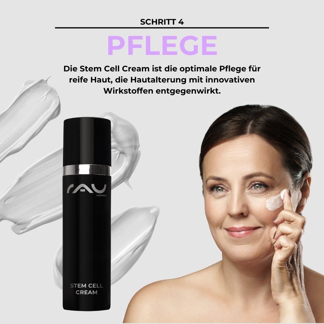 Frau mit reifer Haut, die Stem Cell Cream von RAU Cosmetics aufträgt, um Hautalterung entgegenzuwirken, umgeben von sanften Creme-Texturen.