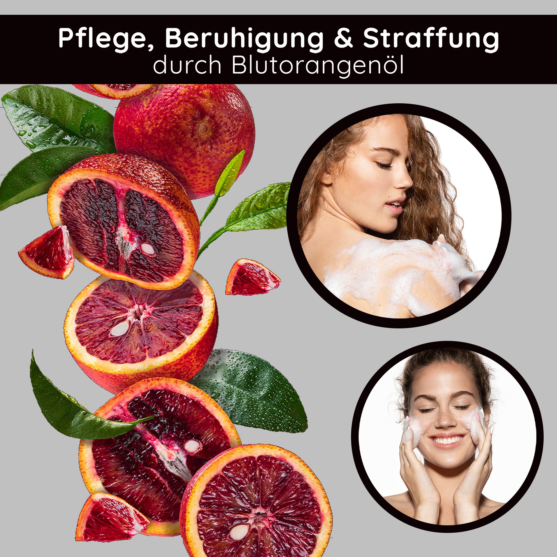 RAU Astaxanthin Cleansing Foam umgeben von frischen Zitrusfruechten als Zutat-Visualisierung