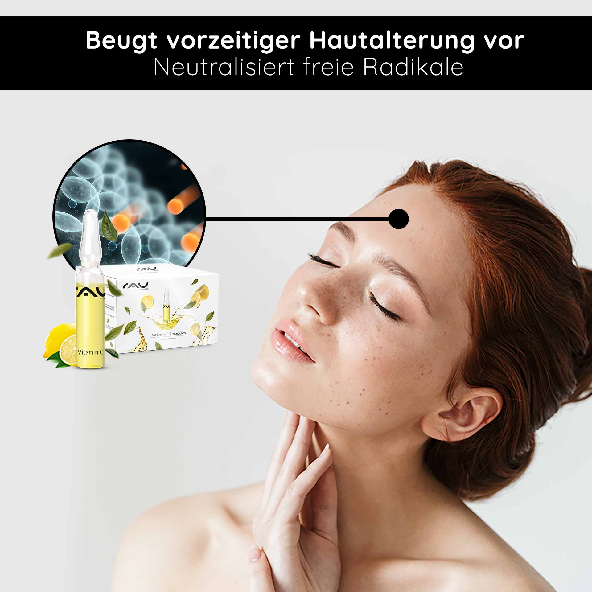 Ampollas de Vitamina C 14x2 ml para pieles maduras y con imperfecciones Vitamin C ampulle von RAU Cosmetics mit Zitrusfrüchten, Frau mit strahlender Haut und geschlossenen Augen, betont Anti-Aging-Effekte und Schutz vor freien Radikalen.