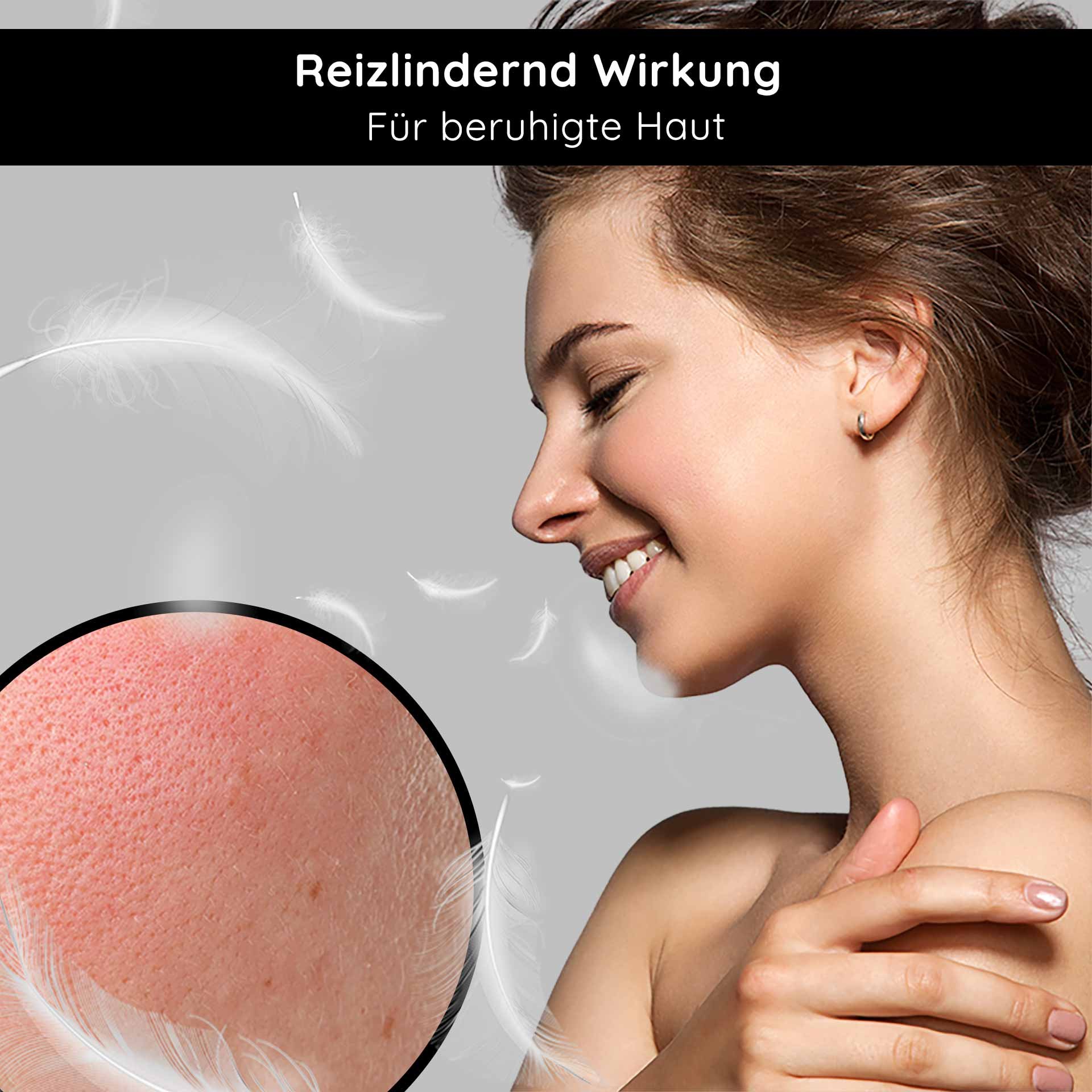 Mujer con efecto calmante y piel relajada, primer plano de la piel para refinar los poros, adecuado para la crema facial de RAU Cosmetics para pieles impuras y grasas.