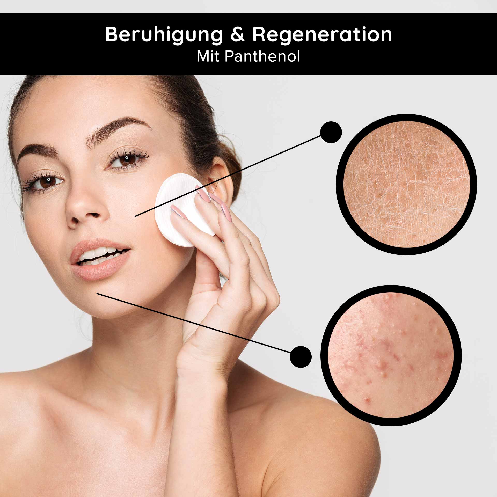 Caviar 24h Cream 50 ml Skin Care with Caviar Extract Frau mit Wattepad auf der Haut, zeigt beruhigende und regenerierende Wirkung von Panthenol, Hautprobleme wie Trockenheit und Unreinheiten im Fokus.