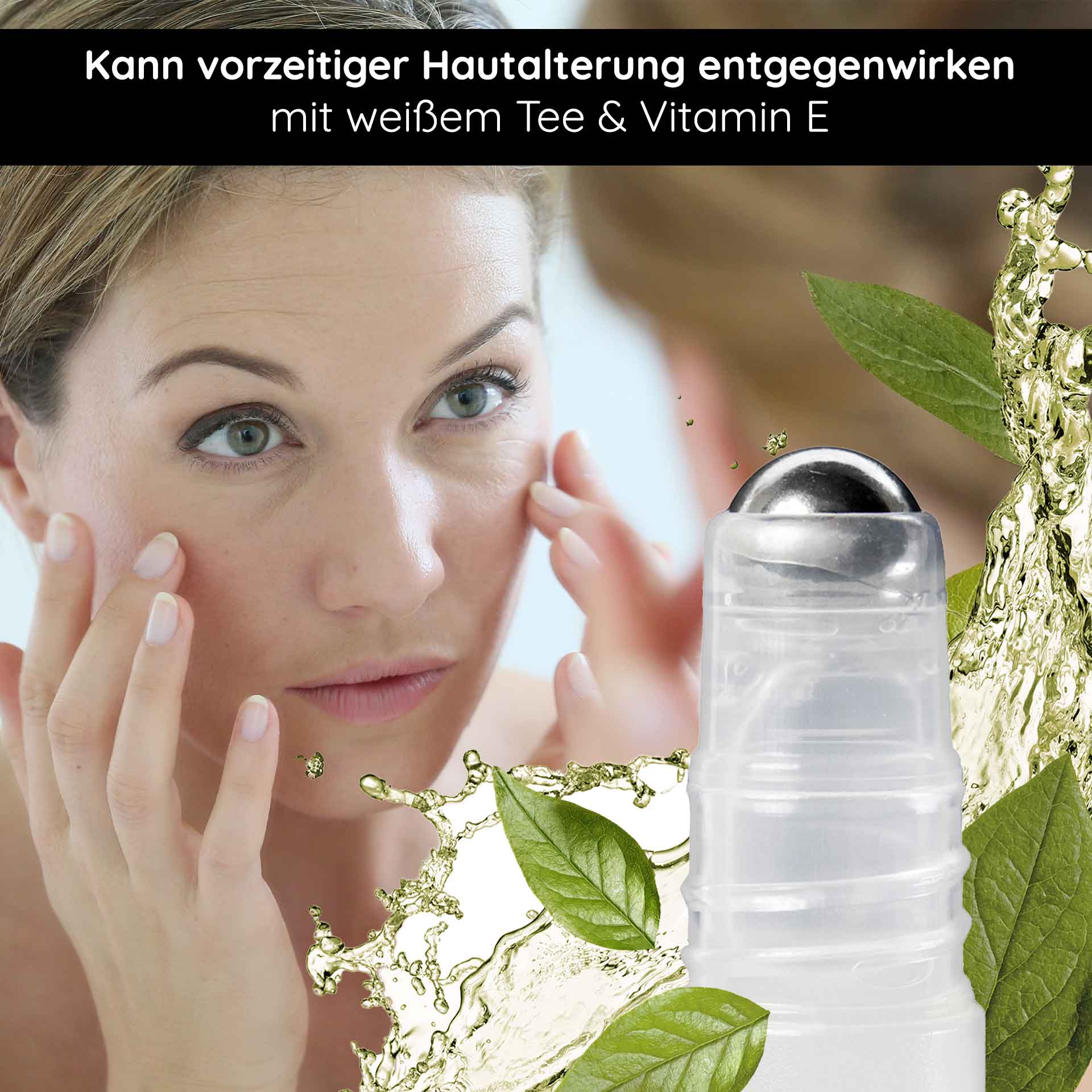 Té Blanco Express Lift Serum Antiedad en Roll-On Frau mit Roll-On-Applikator, der White Tea Express Lift Serum auf die Haut aufträgt, um vorzeitiger Hautalterung entgegenzuwirken, umgeben von grünen Blättern und Flüssigkeitselementen.