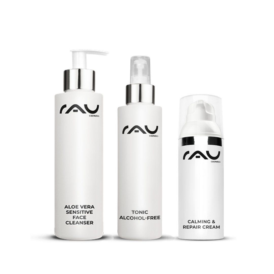 Tres productos RAU para piel sensible: limpiador, tónico y crema reparadora.