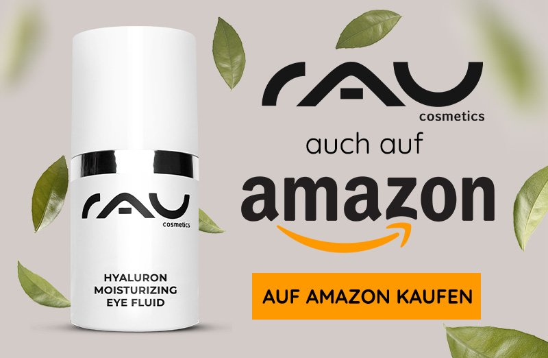 RAU Cosmetics Hyaluron Moisturizing Eye Fluid in der Flasche mit Blättern, erhältlich bei Amazon.