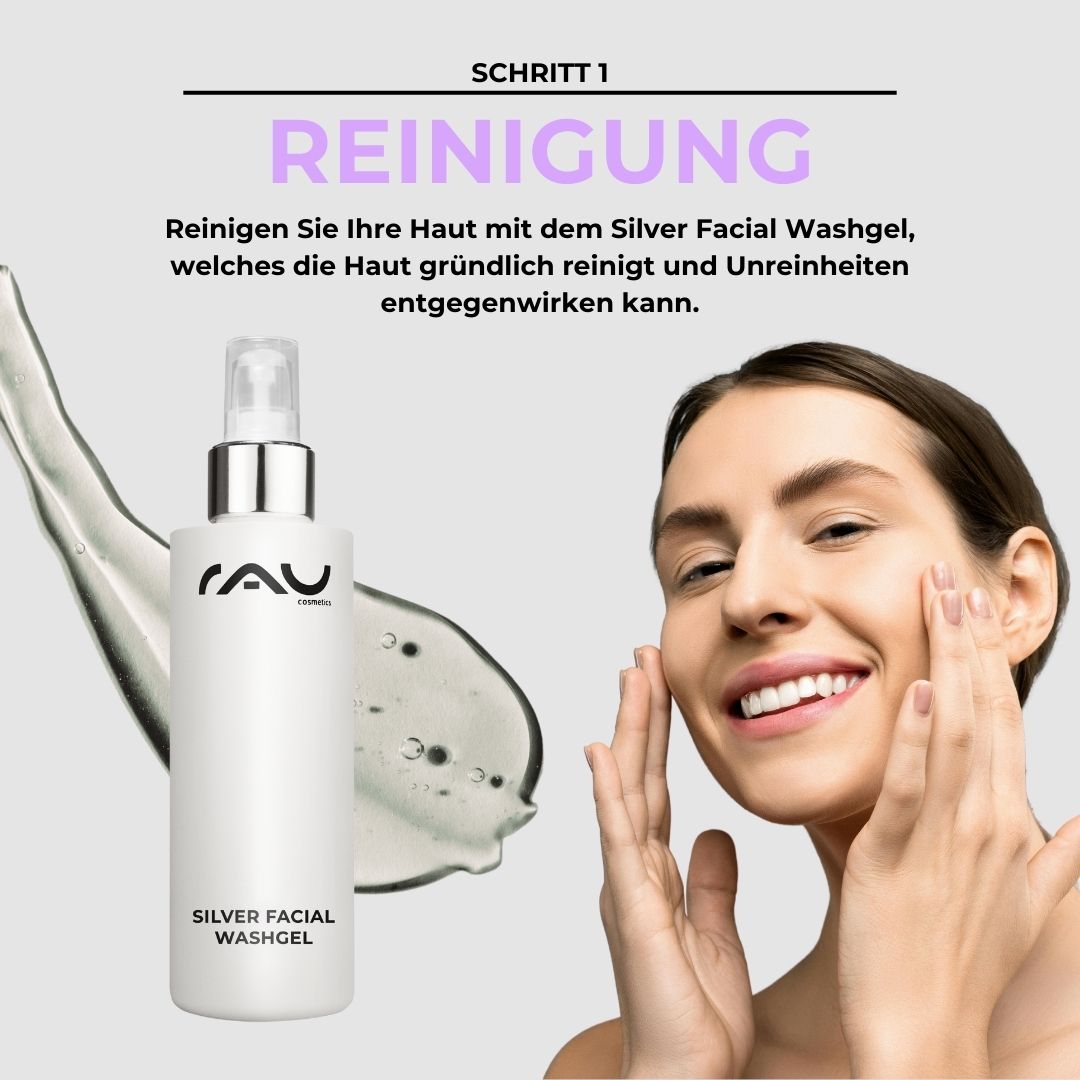 Rutina de cuidados básicos para pieles secas con impurezas Frau mit strahlendem Lächeln, die das RAU Silver Facial Washgel auf ihrer Haut anwendet, um Unreinheiten zu bekämpfen und die Haut gründlich zu reinigen, umgeben von einem sanften, schäumenden Gel.