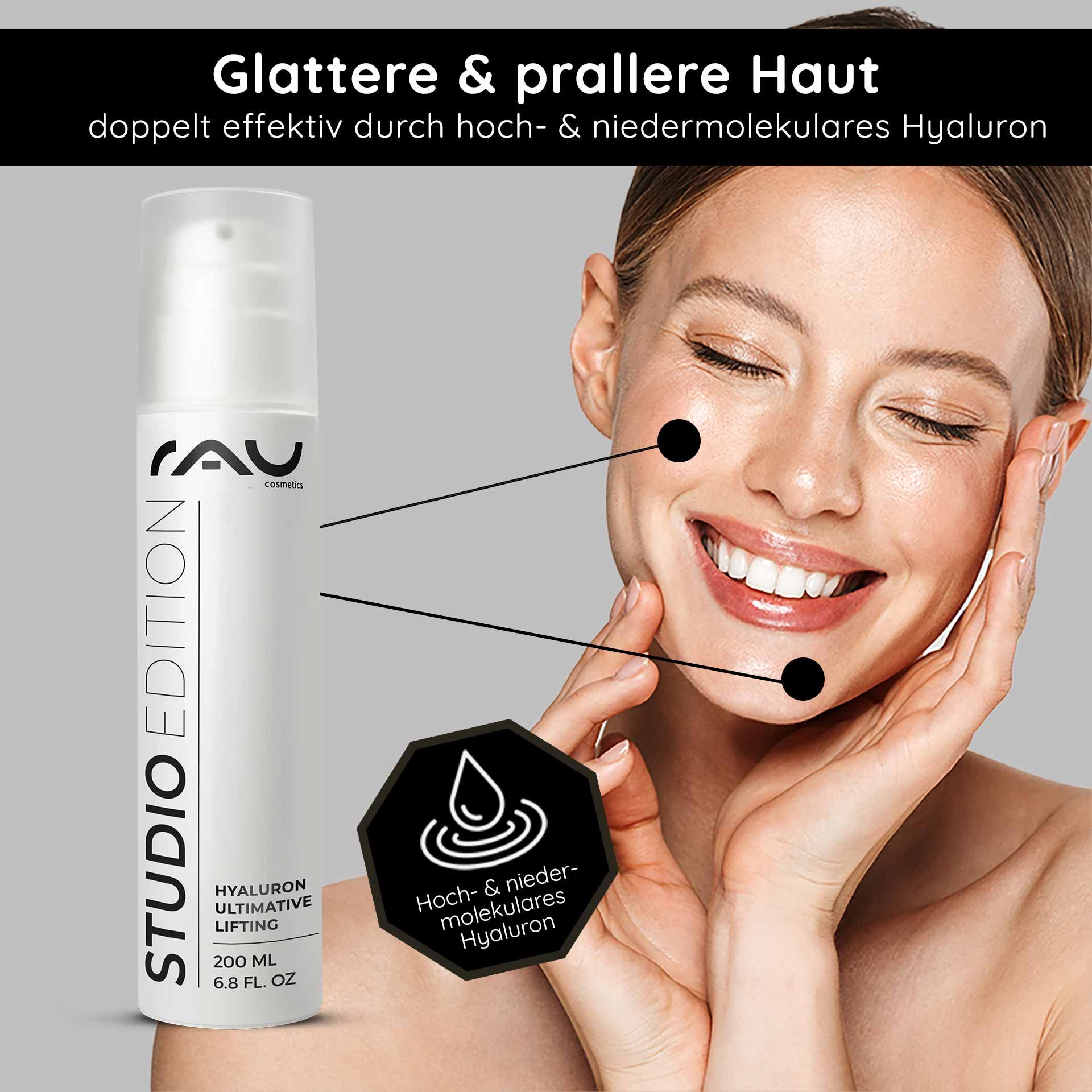 Hyaluron Ultimate Lifting Gel de RAU Cosmetics en un frasco blanco, mostrado sobre un fondo con una mujer resaltando su piel suave y tersa, con texto sobre los beneficios del hialurón de alto y bajo peso molecular.