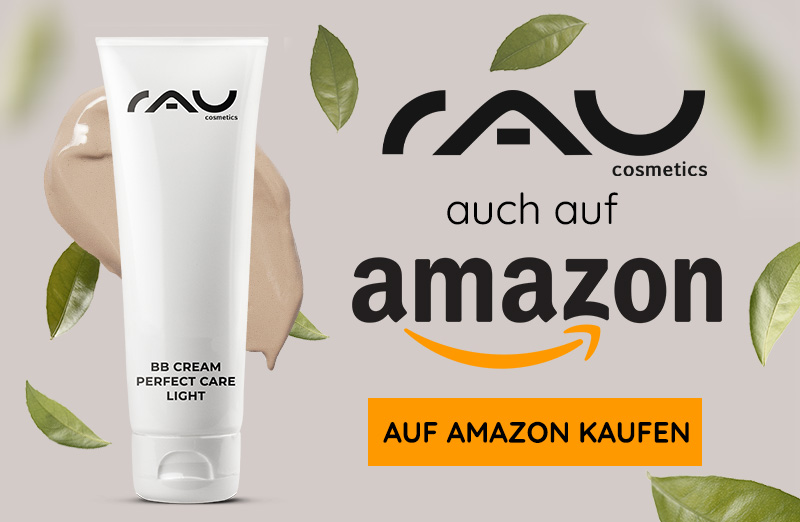 Tube der RAU BB Cream Perfect Care Light, zeigt hellfarbene Creme und grüne Blätter, erhältlich auf Amazon.