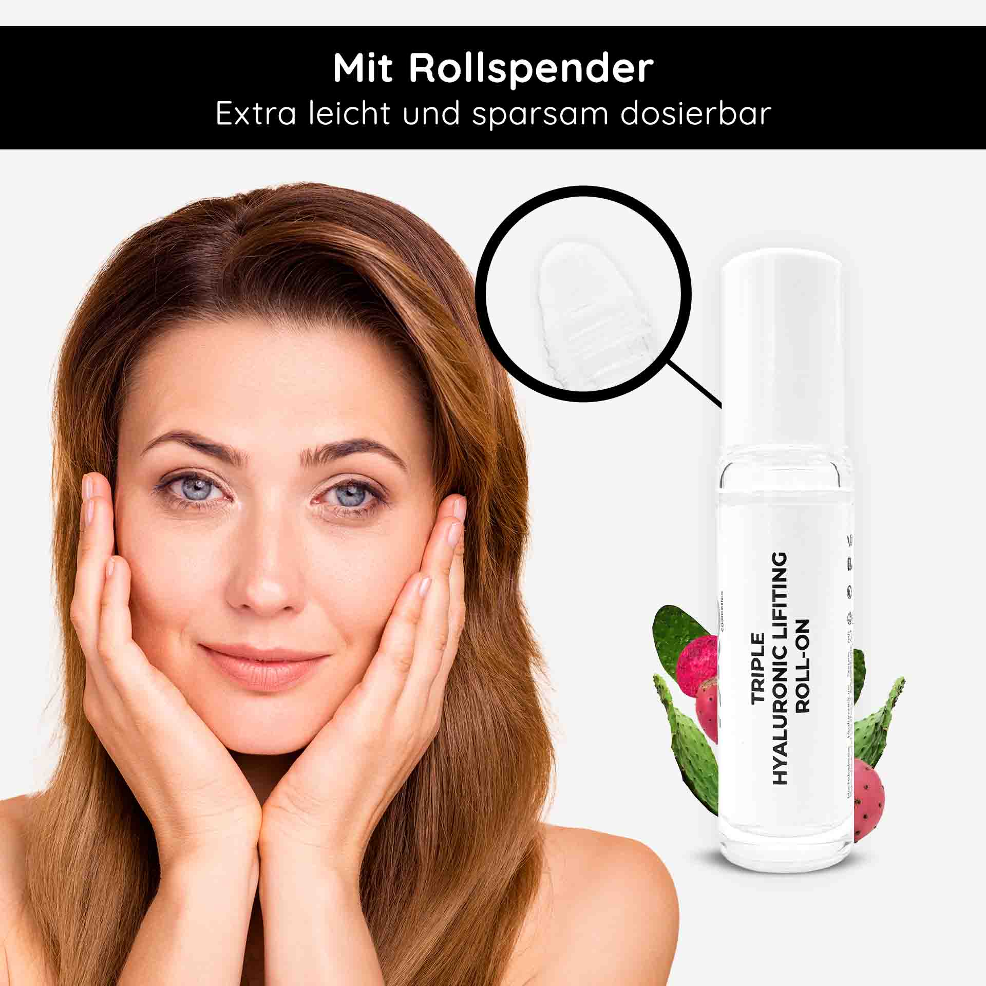 Ampollas de Higo chumbo 10x2 ml 3 veces Ácidos Hialurónicos Frau mit glattem Teint und Händen im Gesicht, präsentiert Triple Hyaluronic Lifting Roll-On, Anti-Aging-Serum mit Rollspender, für tiefgehende Feuchtigkeitspflege.