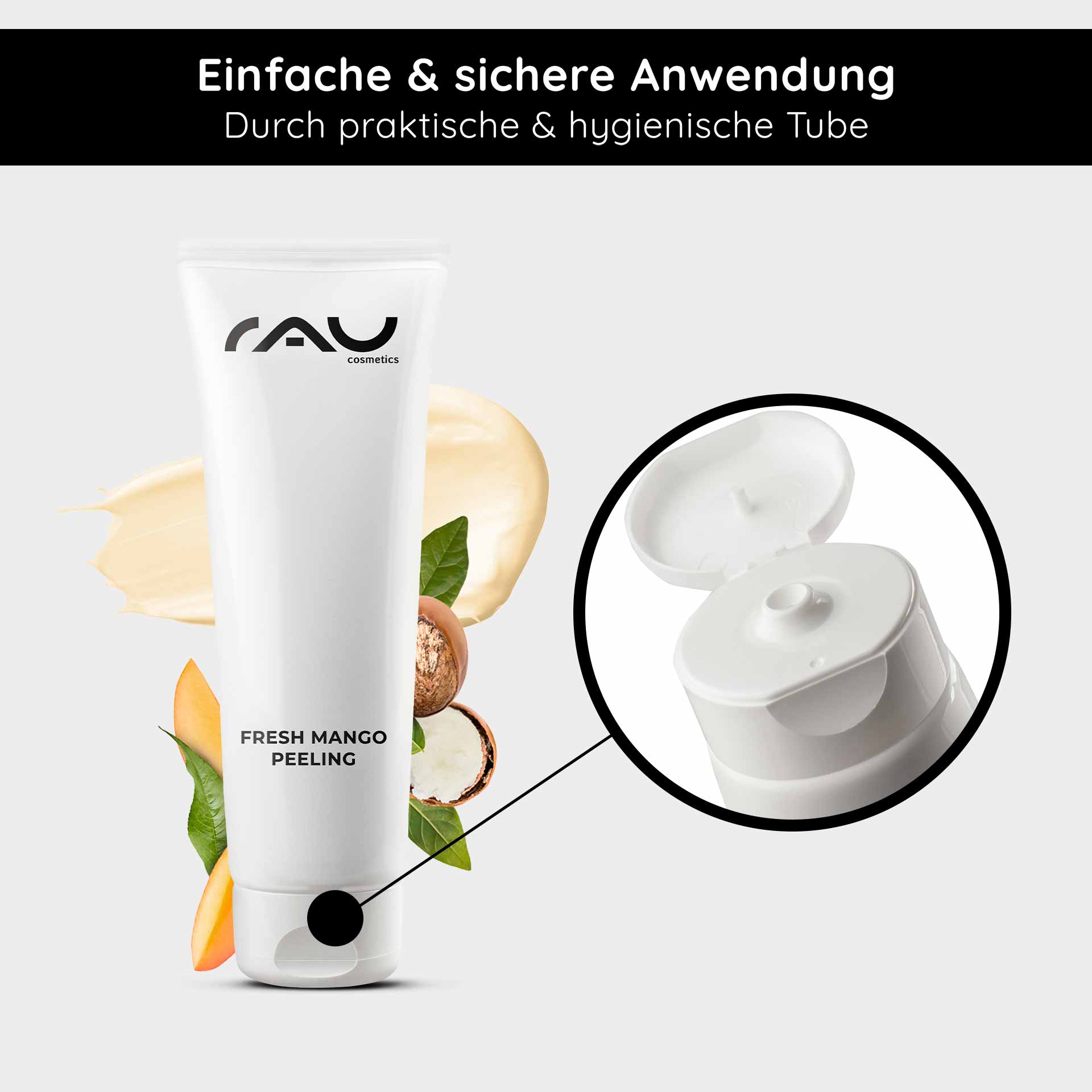 Fresh Mango Peeling 75 ml enzyme peeling with mango scent RAU Cosmetics Fresh Mango Peeling in der Tube mit Mango- und Sheabutter-Elementen, die eine einfache und hygienische Anwendung hervorheben.