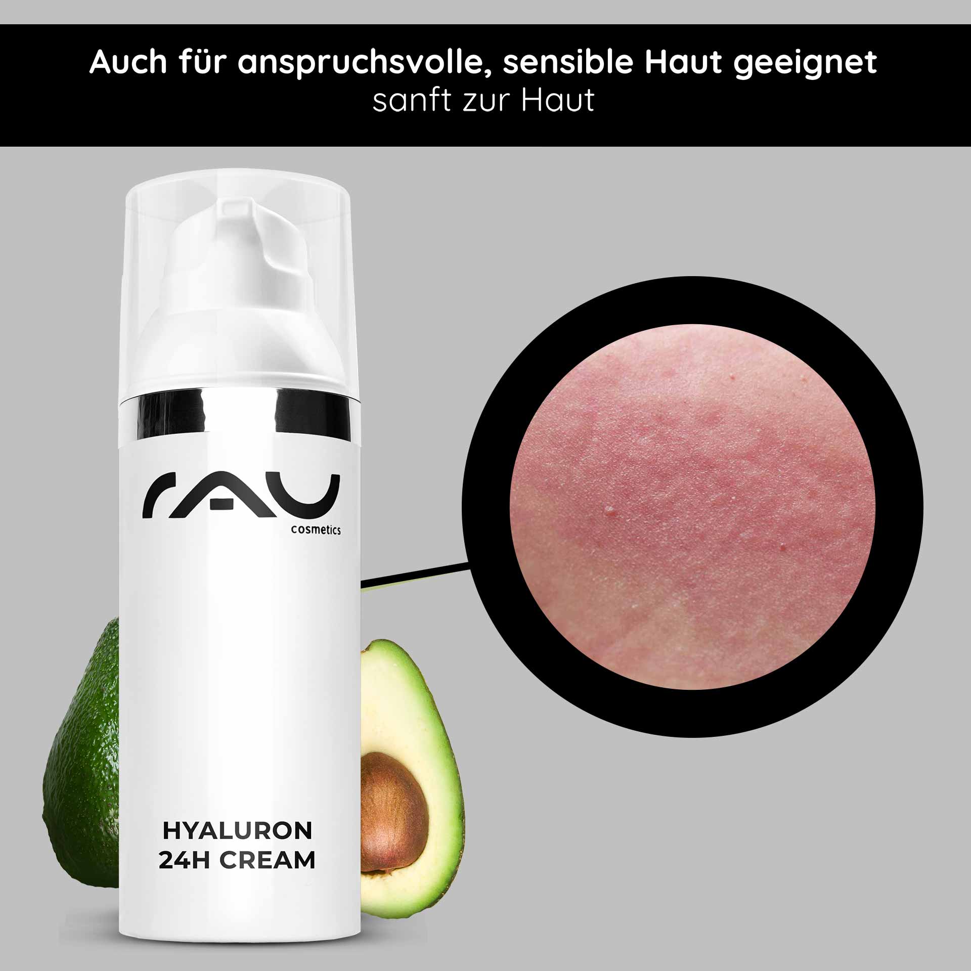 Hyaluron 24h Crema 50 ml Hyaluron Crema de Cuidado Verpackung der RAU Cosmetics Hyaluron 24h Cream mit Avocado, die die Eignung für empfindliche Haut und die feuchtigkeitsspendende Wirkung hervorhebt.