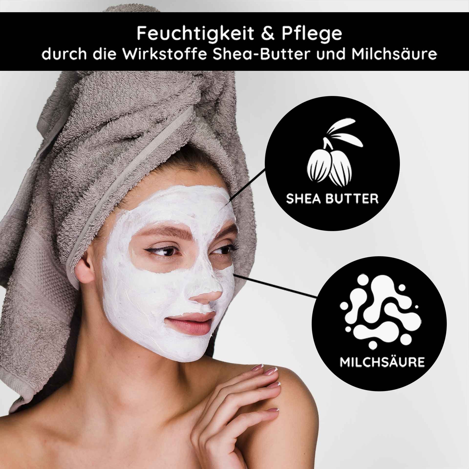 Frau mit Gesichtsmaske aus Heilerde, umgeben von Symbolen für Sheabutter und Milchsäure, betont feuchtigkeitsspendende und pflegende Eigenschaften der RAU Cosmetics Mineral Mask.