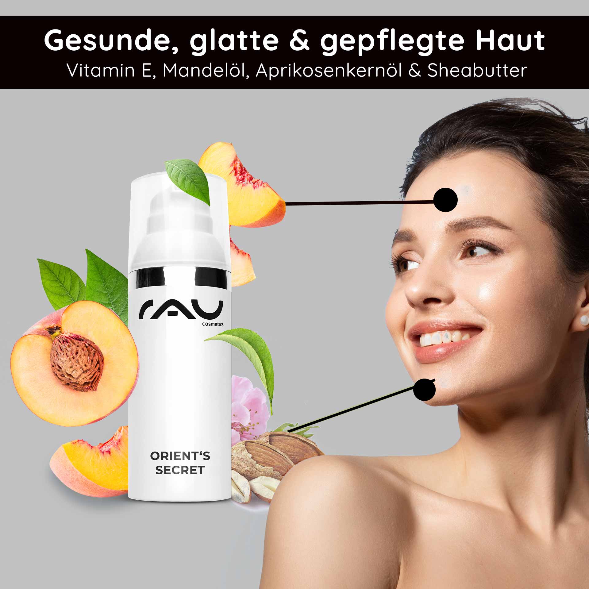 Orient's Secret 50 ml con Amnethyst Powder Gesichtscreme Orient's Secret von RAU Cosmetics mit Amethyst-Pulver, Mandelöl, Aprikosenkernöl und Sheabutter, umgeben von frischen Früchten und Pflanzen, betont gesunde, glatte Haut.