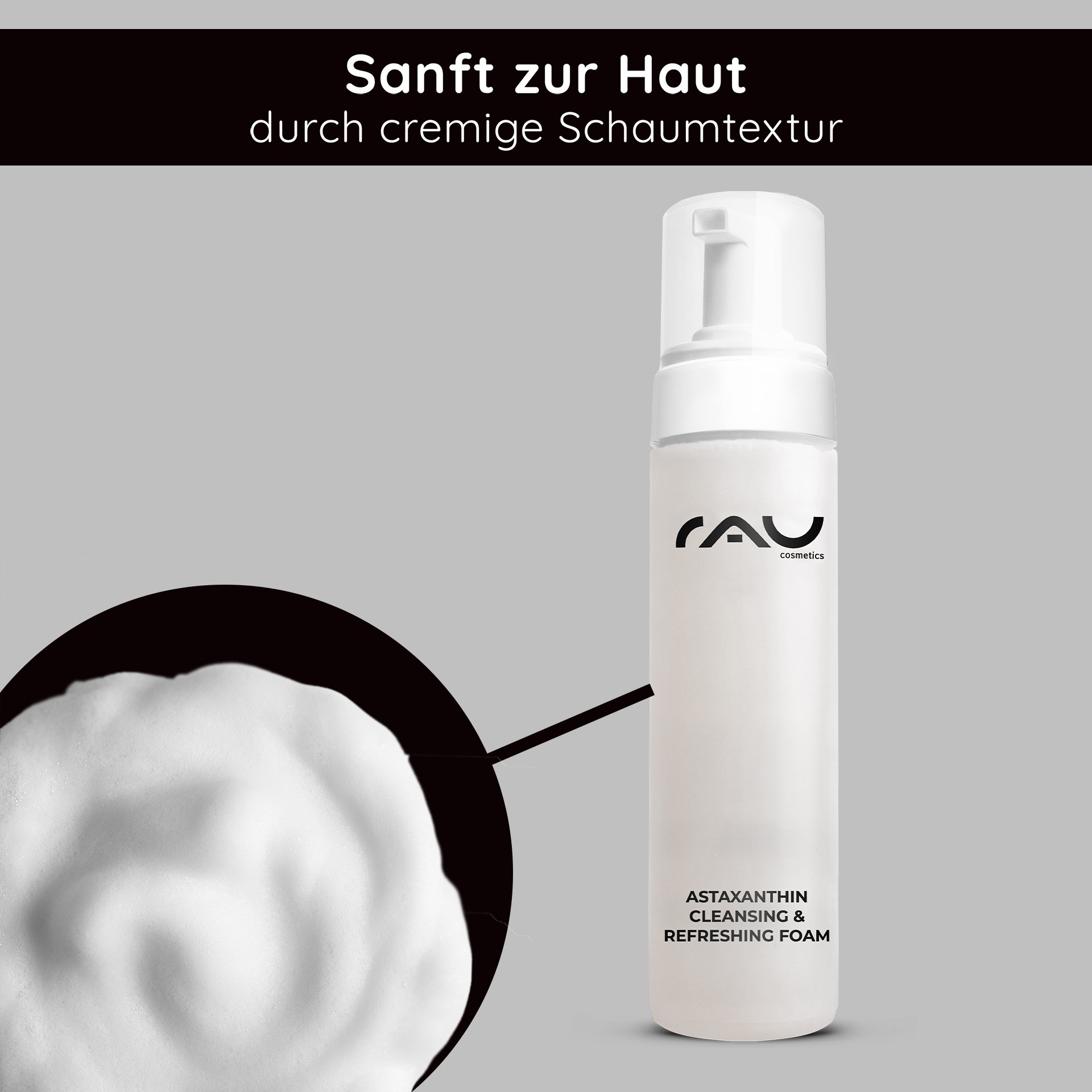 RAU Astaxanthin Cleansing Foam 200 ml pump bottle detailed view of the creamy cleansing foam