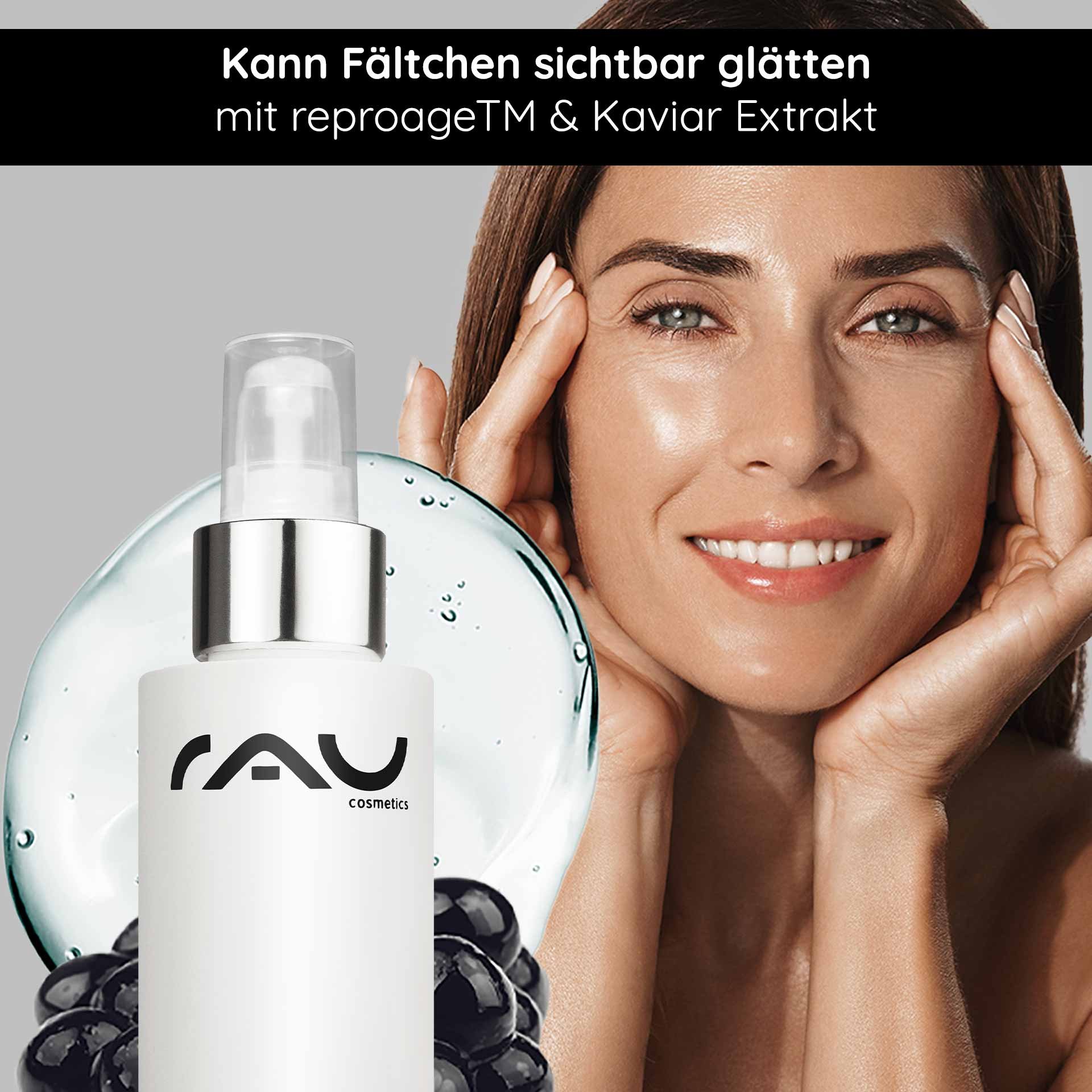 Frau mit strahlendem Gesicht, die das RAU Cosmetics Caviar Lifting Serum anwendet, um Fältchen sichtbar zu glätten; enthält Reproage™ und Kaviar-Extrakt.