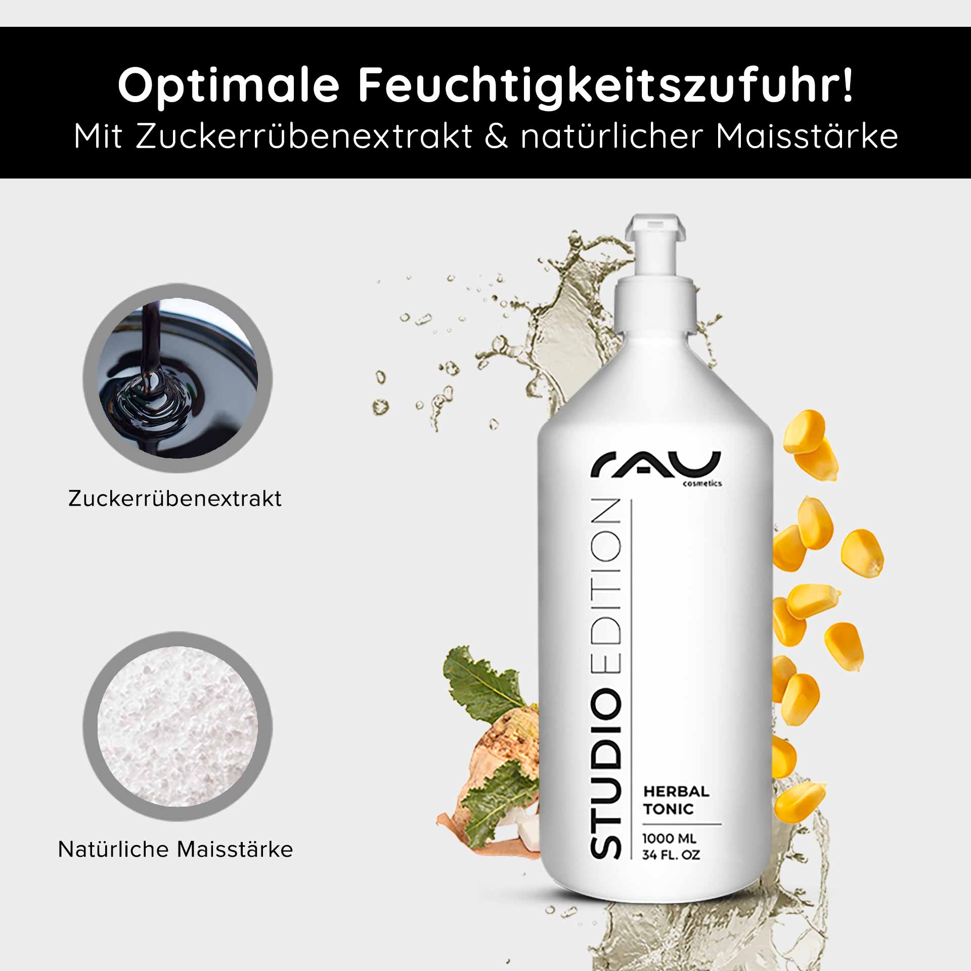 Beyond Herbal Tonic 1000 ml Facial Toner Nature RAU Cosmetics Herbal Tonic Flasche mit Inhaltsstoffen wie Zuckerrübenextrakt und natürlicher Maisstärke, die auf eine optimale Feuchtigkeitsversorgung für die Hautpflege Wert legen.