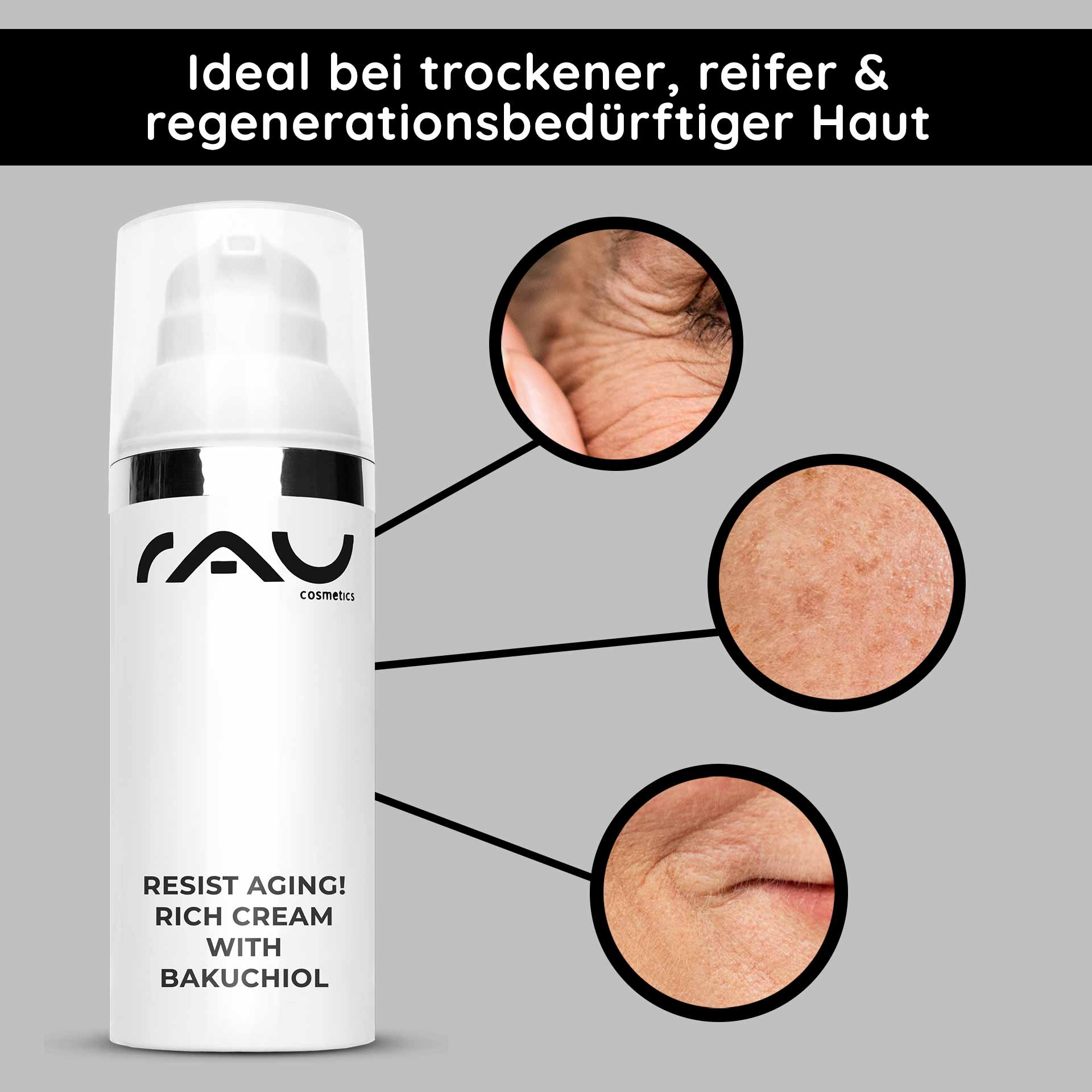 Resist aging! Rich Cream with Bakuchiol 50 ml Night Cream RAU Cosmetics Resist Aging Rich Cream mit Bakuchiol, ideal für trockene und reife Haut, mit Verbesserungen der Hautstruktur und Anti-Aging-Vorteilen.