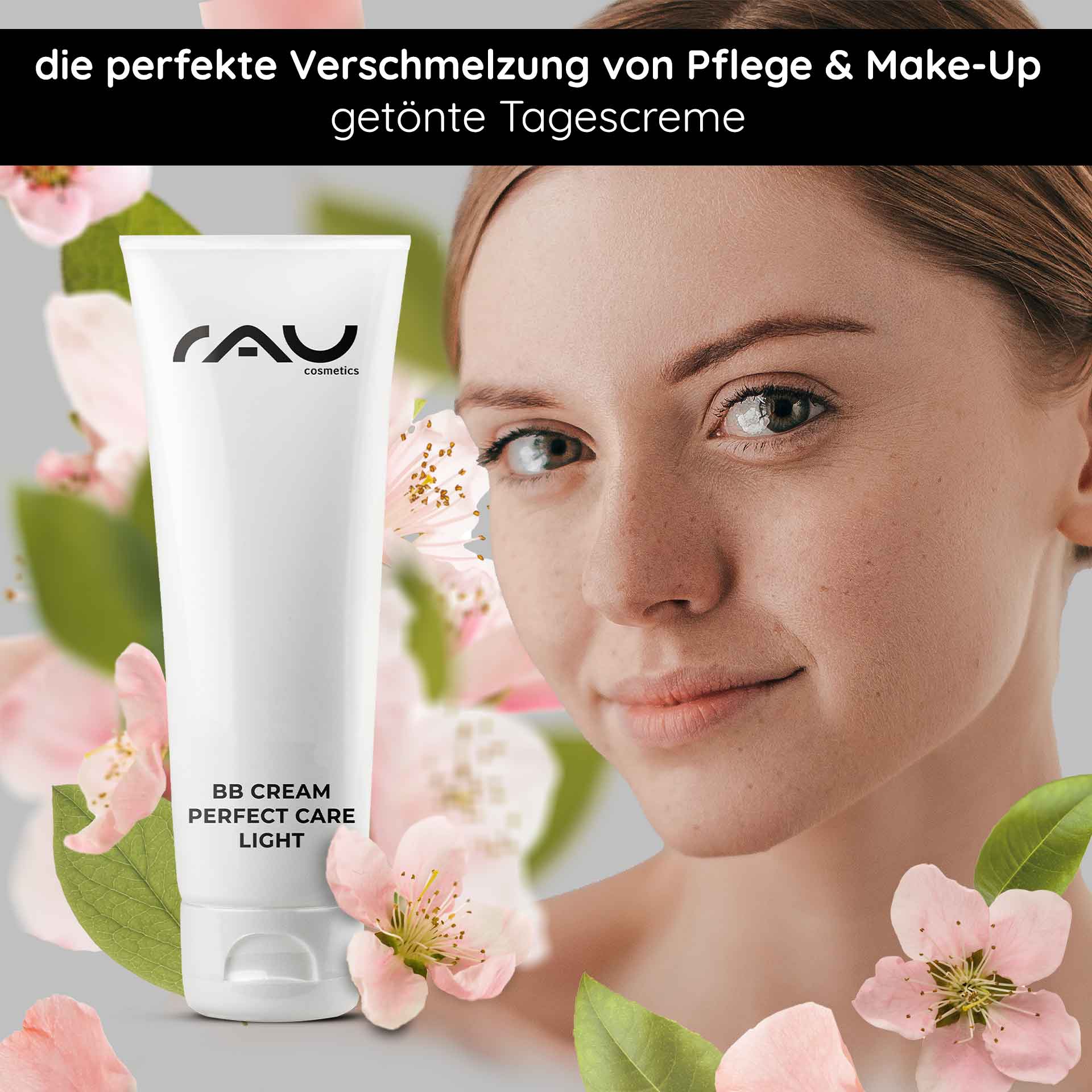 BB Cream Perfect Care Light 75 ml SPF12 Maquillaje y Cuidado RAU Cosmetics BB Cream Perfect Care Light-Tube mit floralem Hintergrund, die die Fusion von Hautpflege und Make-up für einen strahlenden Teint präsentiert.