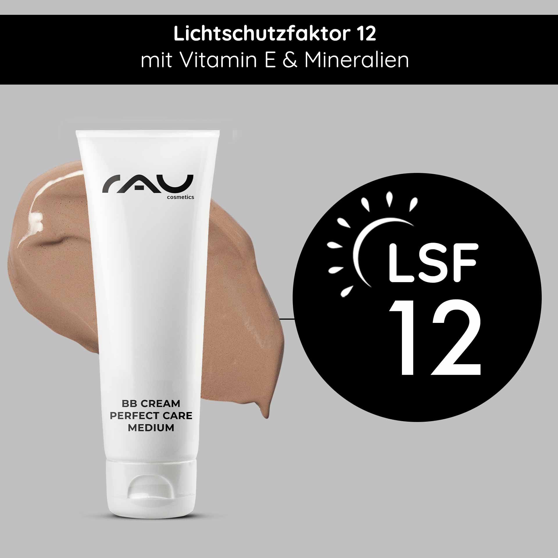 RAU Cosmetics BB Cream Perfect Care Medium Tube mit LSF 12, mit einem Muster der Creme, das die Vorteile für die Hautpflege und den UV-Schutz hervorhebt.