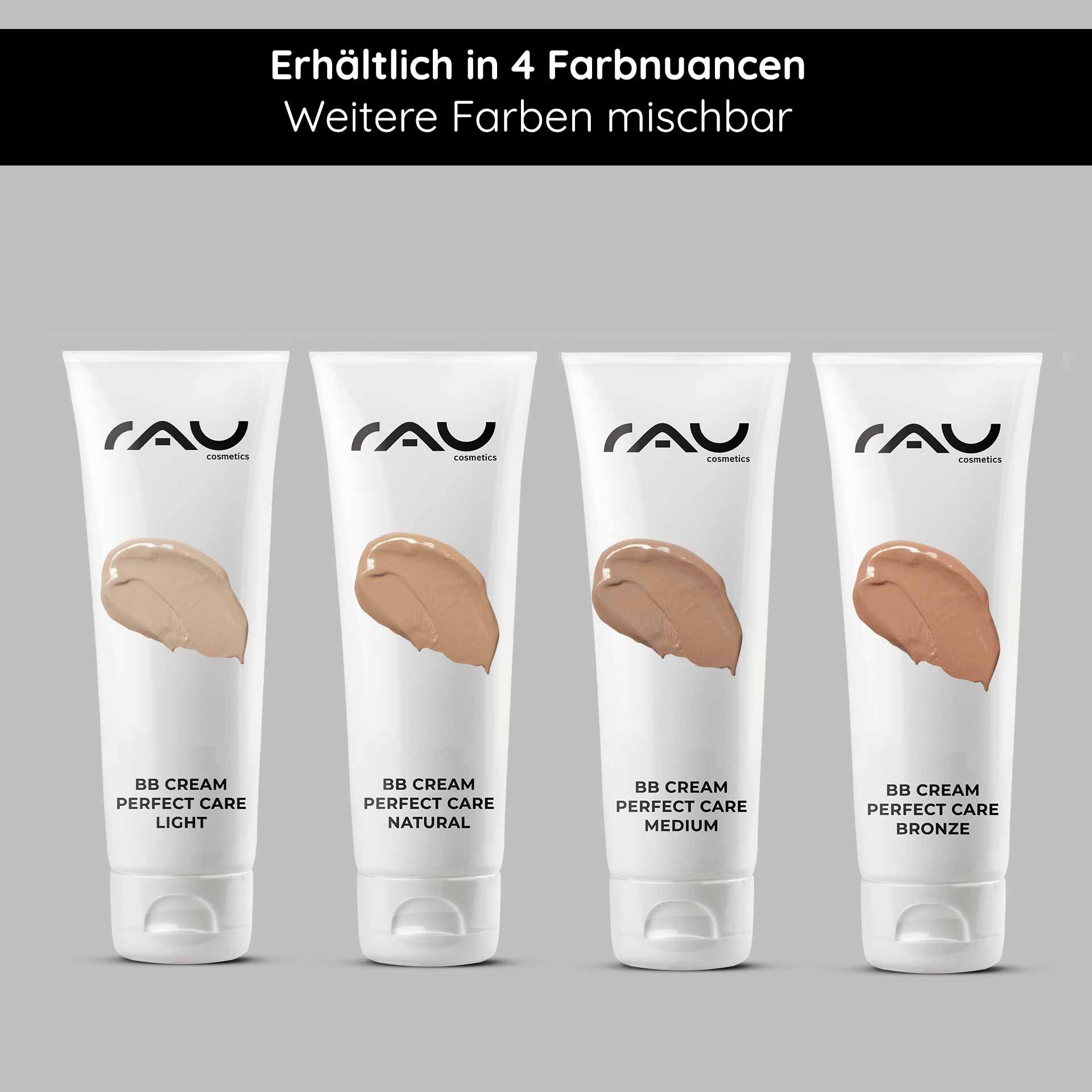 BB Cream Perfect Care in den Farbtönen Light, Natural, Medium und Bronze in Tuben mit dem Markenzeichen von RAU Cosmetics, das die Vielseitigkeit für unterschiedliche Hauttöne unterstreicht.