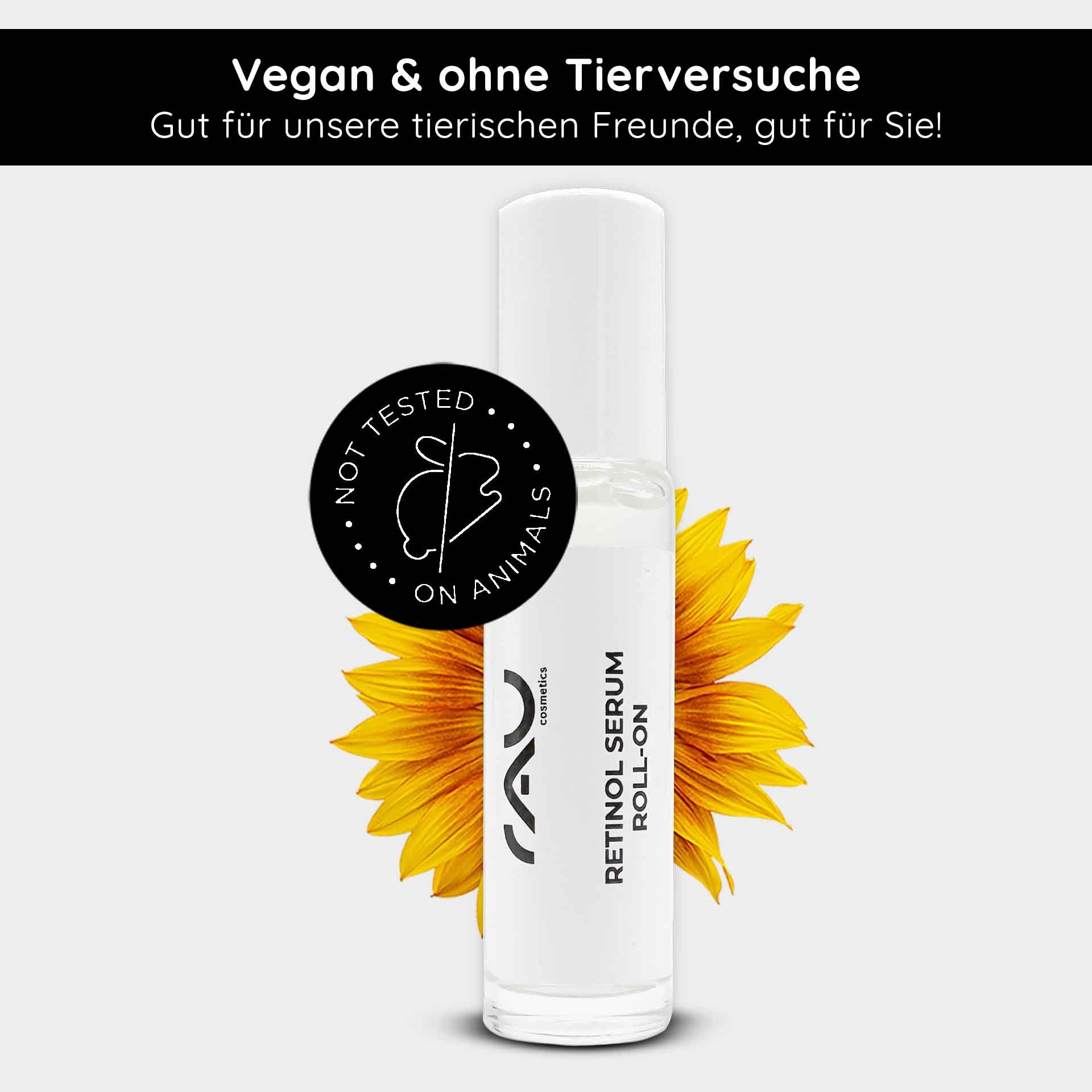 Retinol Serum Roll-On von RAU Cosmetics, vegan und frei von Tierversuchen, mit Sonnenblumenhintergrund und „Nicht an Tieren getestet“-Logo.