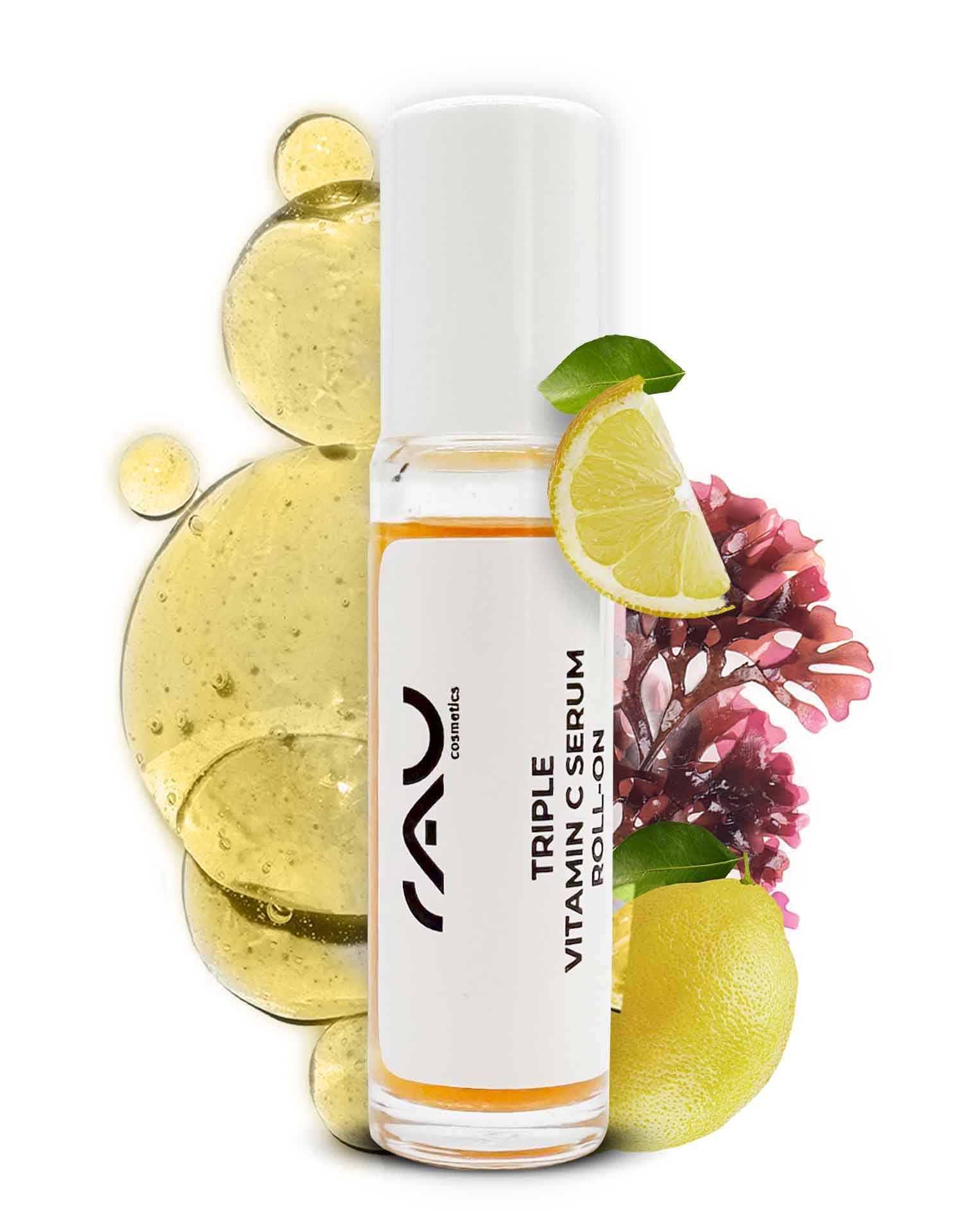 RAU Triple Vitamin C Serum Roll-On mit Zitronen- und Algenextrakten, das die Vorteile der Hautpflege für Feuchtigkeit und Ausstrahlung bietet.