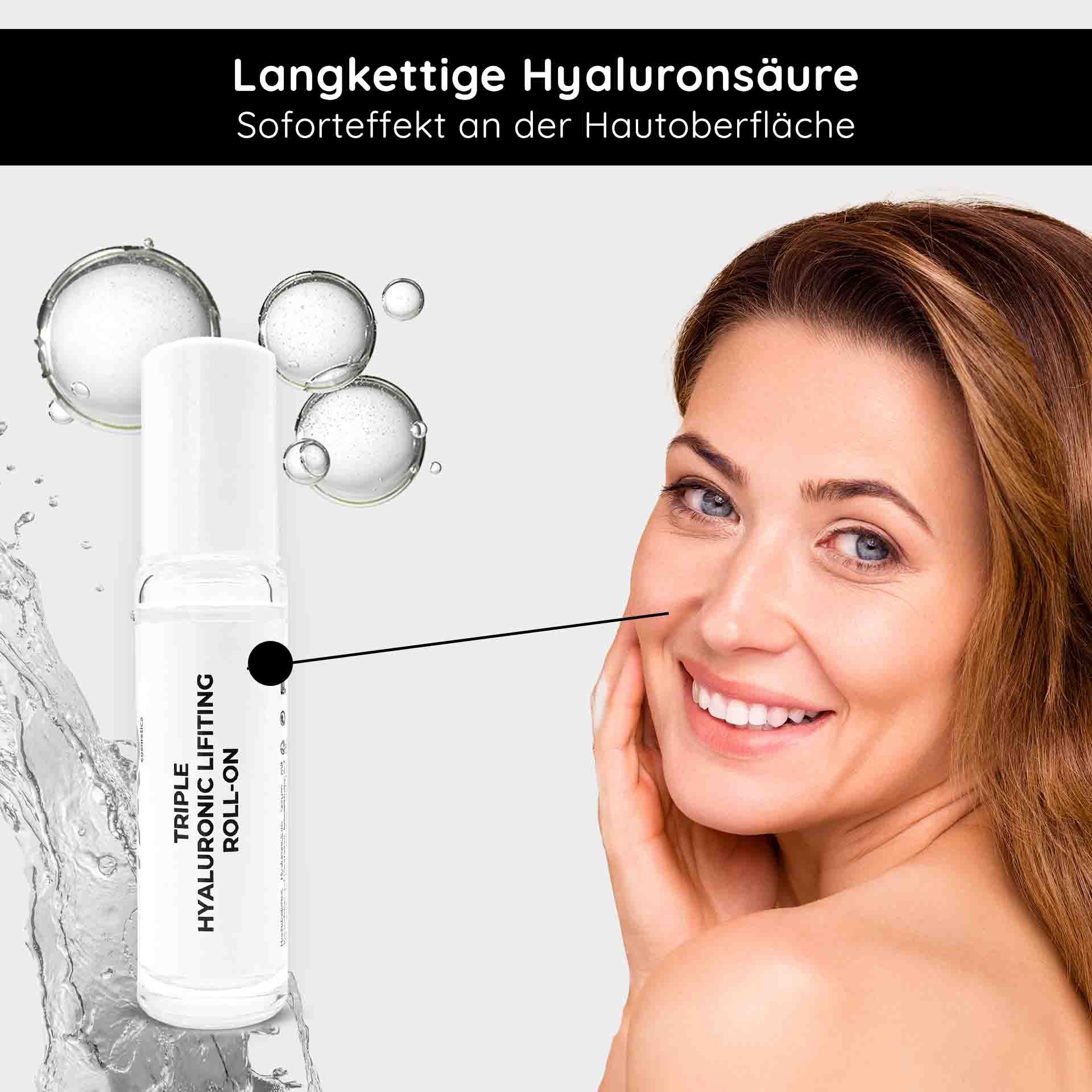 Triple Hyaluronic Lifting Roll-On 10 ml mit Hyaluronsäure und feuchtigkeitsspendender Wirkung, lächelnde Frau, die ihr Gesicht berührt und so die Anti-Aging-Wirkung der Hautpflege fördert.